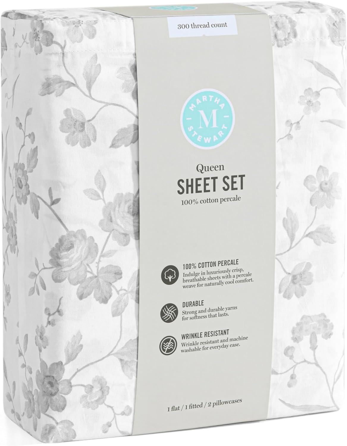 imageMartha Stewart Ruth Ditsy Floral 300TC 100 Cotton Percale Sheet Set BlueWhite 4 Piece 1 Flat Sheet 1 Fitted Sheet 2 Std Pillowcases Breathable Cotton Printed Bed Sheets Queen SizeQueen