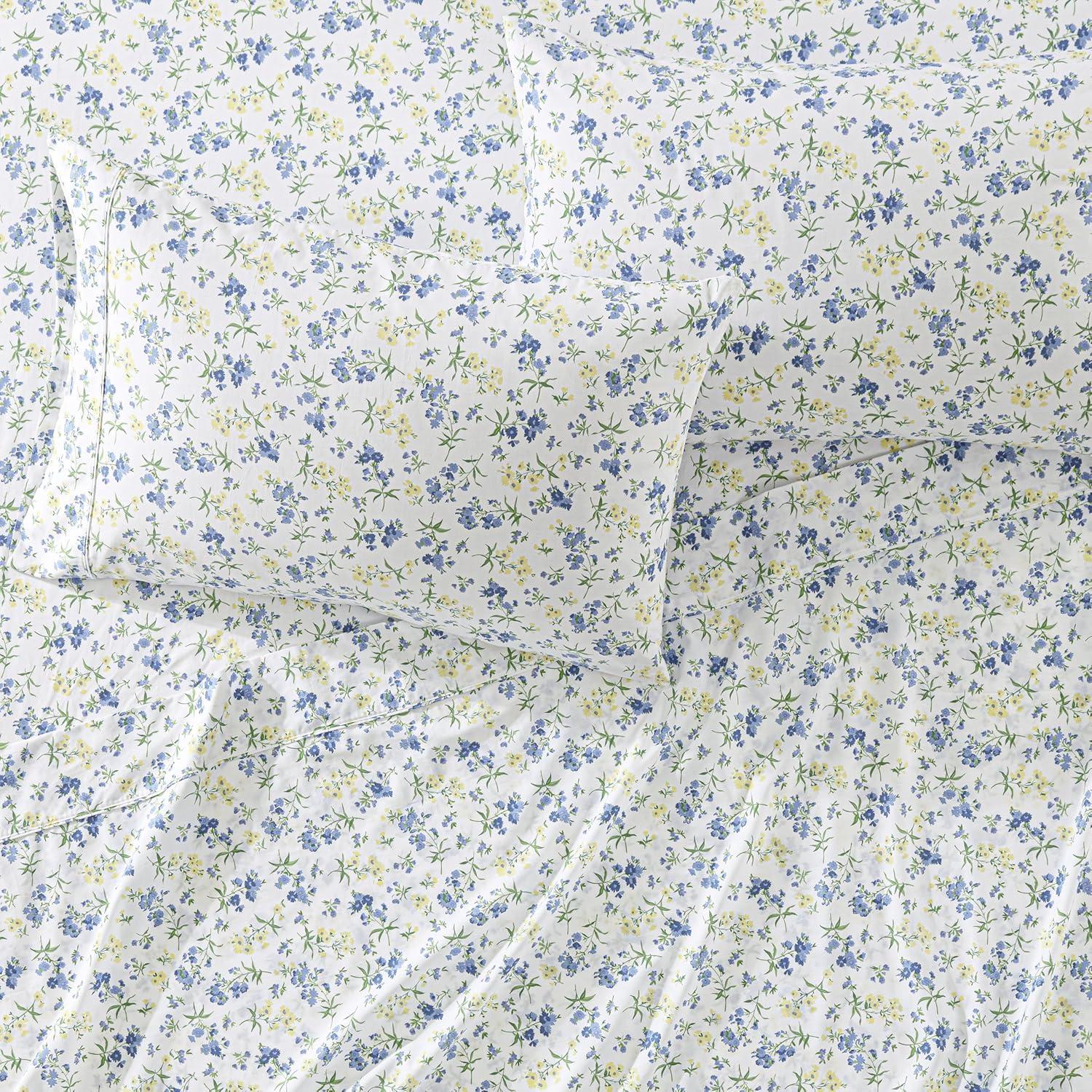 imageMartha Stewart Ruth Ditsy Floral 300TC 100 Cotton Percale Sheet Set BlueWhite 4 Piece 1 Flat Sheet 1 Fitted Sheet 2 Std Pillowcases Breathable Cotton Printed Bed Sheets Queen SizeTwin