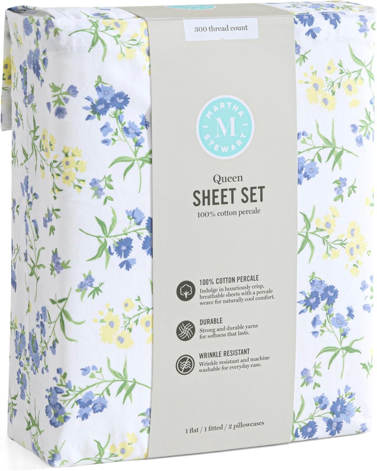 imageMartha Stewart Ruth Ditsy Floral 300TC 100 Cotton Percale Sheet Set BlueWhite 4 Piece 1 Flat Sheet 1 Fitted Sheet 2 Std Pillowcases Breathable Cotton Printed Bed Sheets Queen SizeQueen