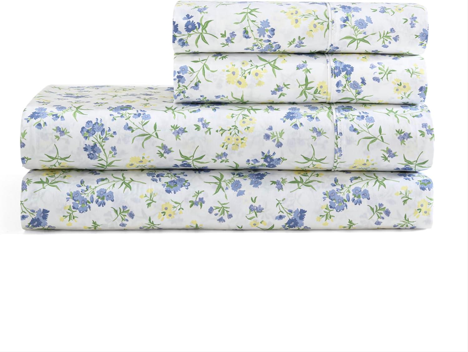 imageMartha Stewart Ruth Ditsy Floral 300TC 100 Cotton Percale Sheet Set BlueWhite 4 Piece 1 Flat Sheet 1 Fitted Sheet 2 Std Pillowcases Breathable Cotton Printed Bed Sheets Queen SizeQueen
