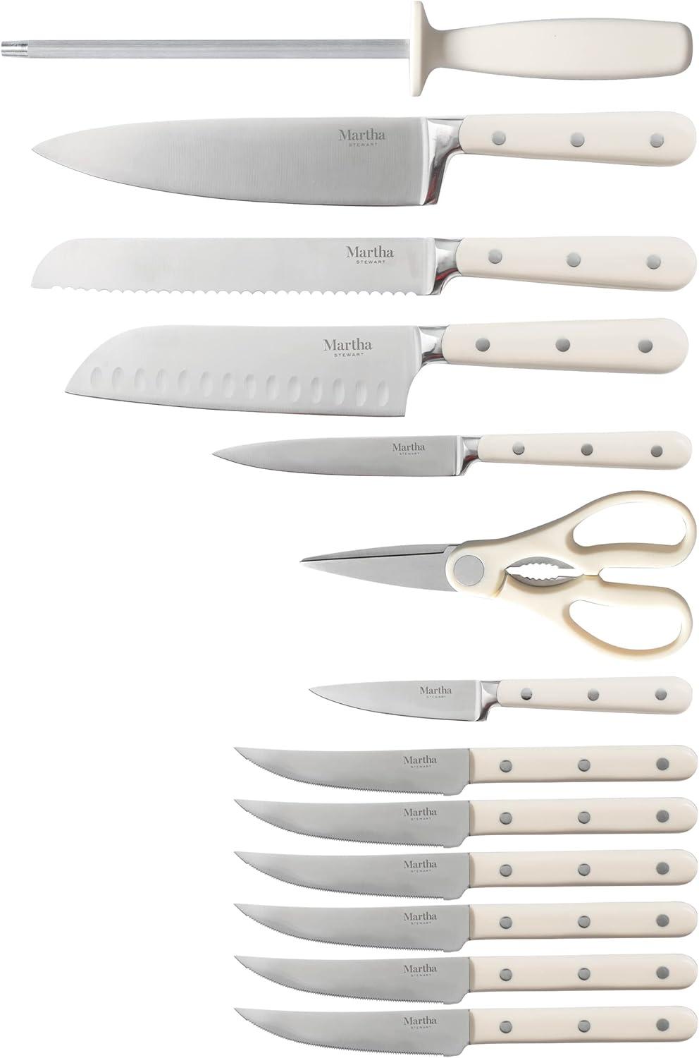 imageMartha Stewart Ruxton 14 Piece High Carbon Stainless Steel Cutlery Knife Block Set wABS Triple Riveted Forged Handle Ashwood Block  LinenLinen Ashwood Block