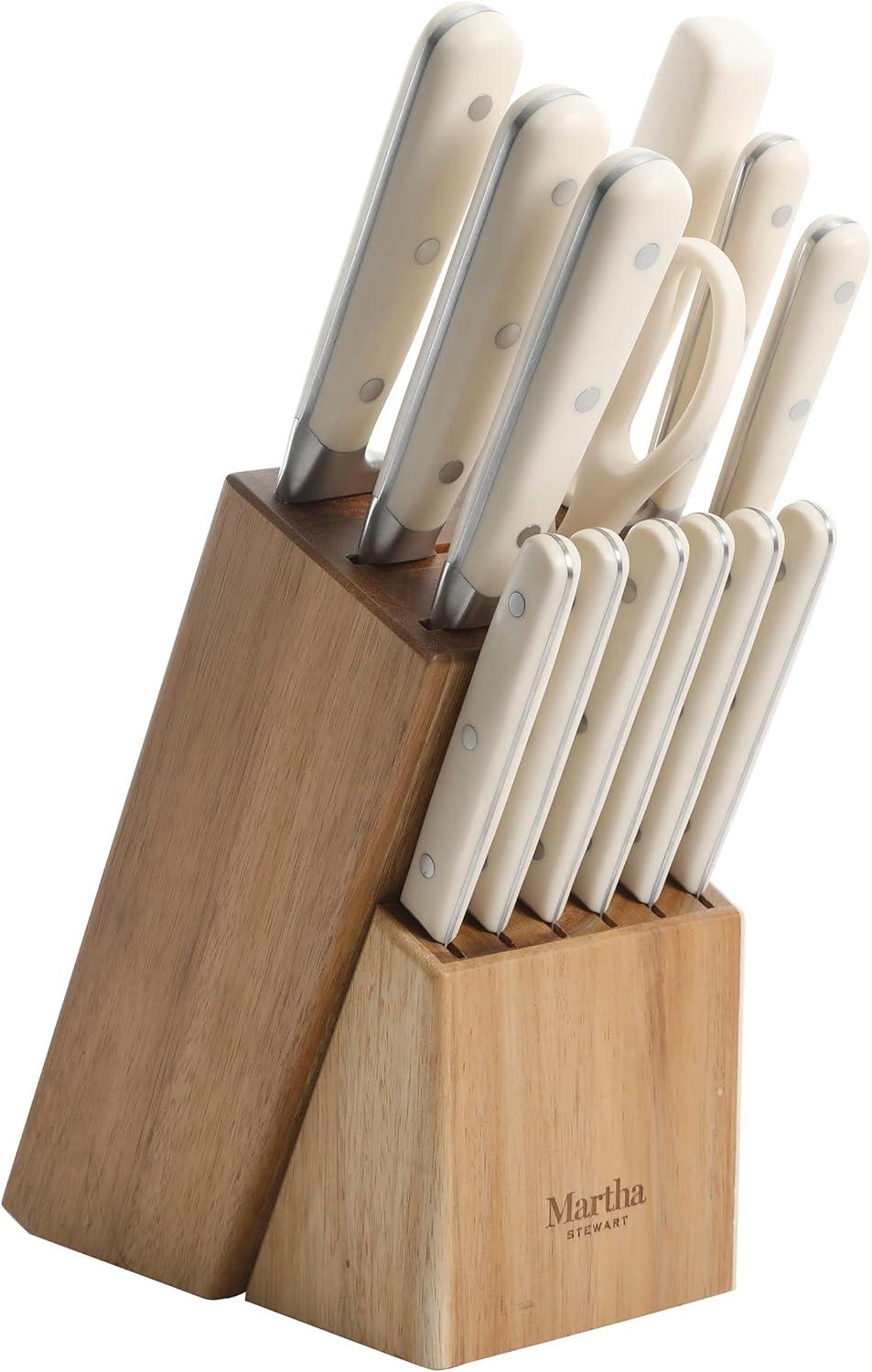 imageMartha Stewart Ruxton 14 Piece High Carbon Stainless Steel Cutlery Knife Block Set wABS Triple Riveted Forged Handle Ashwood Block  LinenLinen Ashwood Block