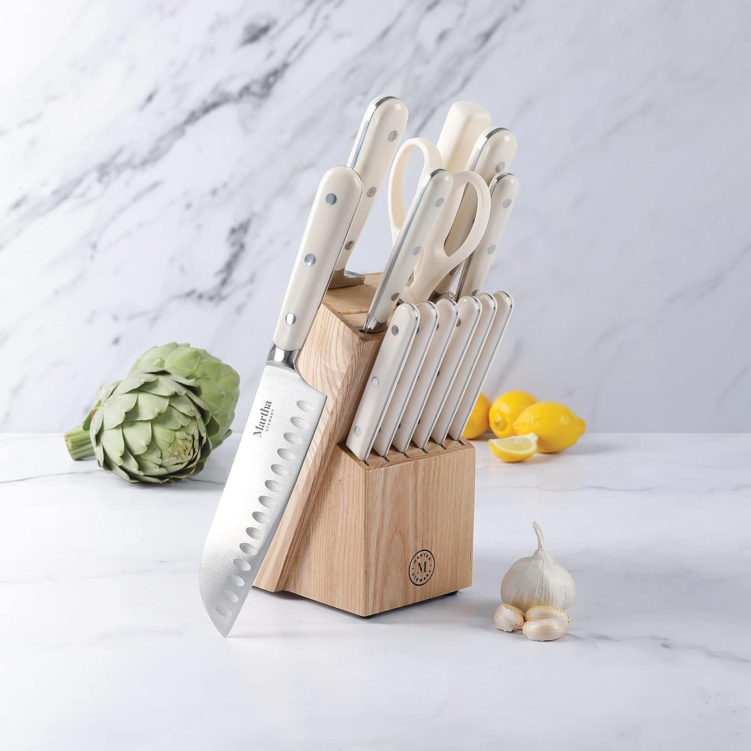 imageMartha Stewart Ruxton 14 Piece High Carbon Stainless Steel Cutlery Knife Block Set wABS Triple Riveted Forged Handle Ashwood Block  LinenLinen Ashwood Block