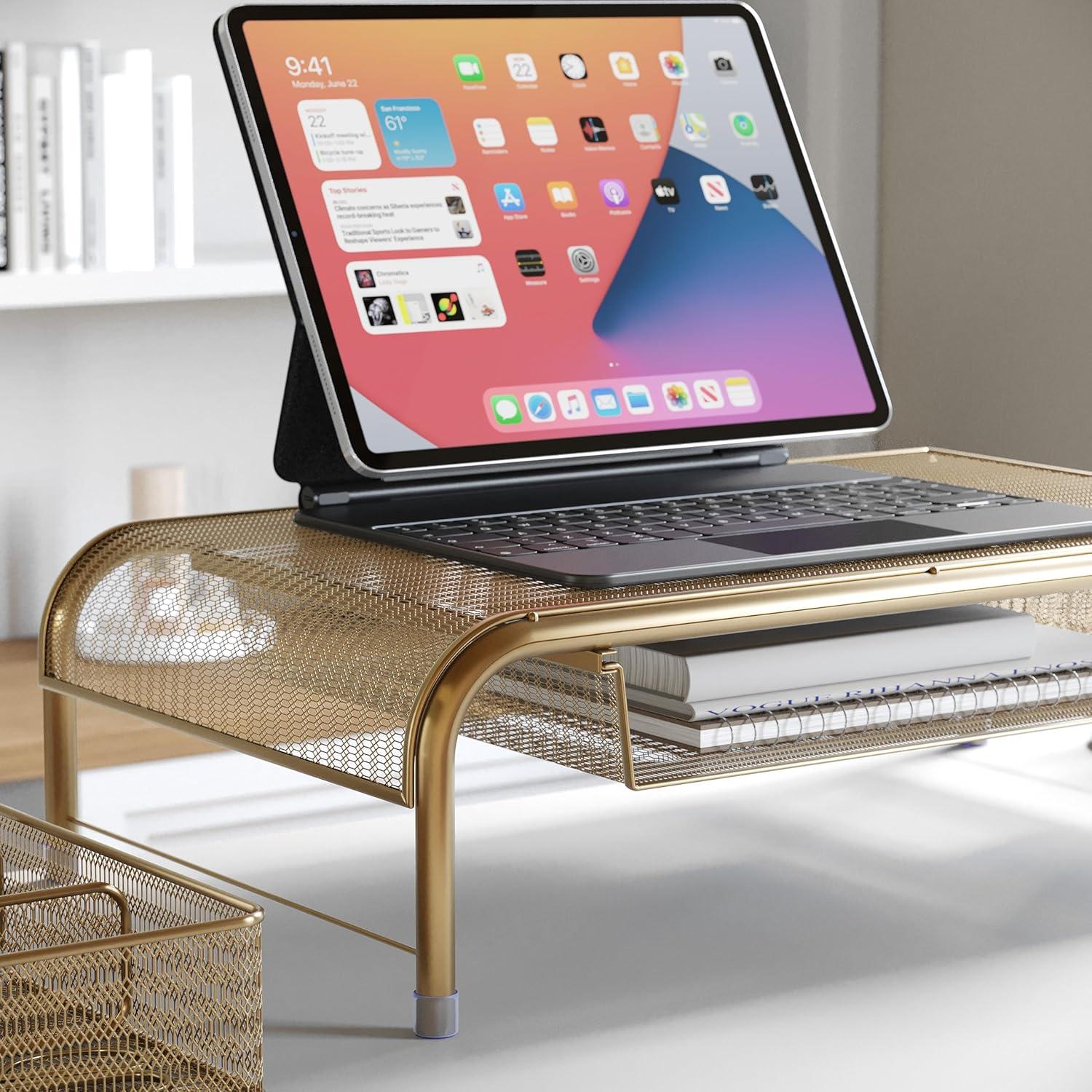 imageMartha Stewart Ryder Gold Mesh Metal Desktop Monitor Stand Riser with Organizer Drawer and Side Storage