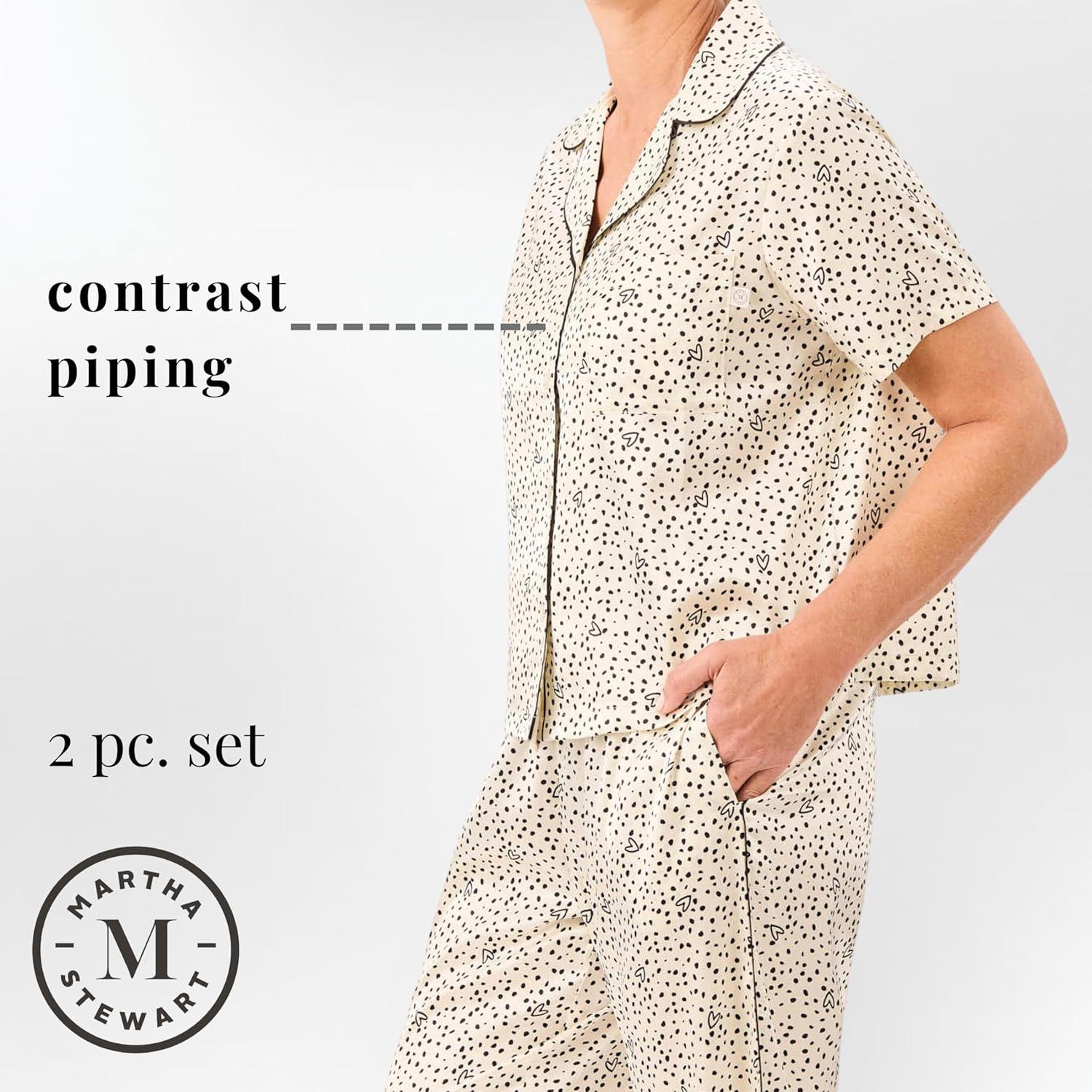 imageMartha Stewart Silky Sleepwear for Women Satin 2Pc Short Sleeve Notch Collar TopCapri Pant Pajama Set Sleek and SoftHearts and Dots