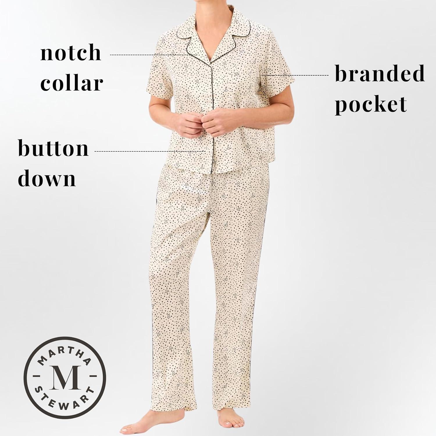 imageMartha Stewart Silky Sleepwear for Women Satin 2Pc Short Sleeve Notch Collar TopCapri Pant Pajama Set Sleek and SoftHearts and Dots