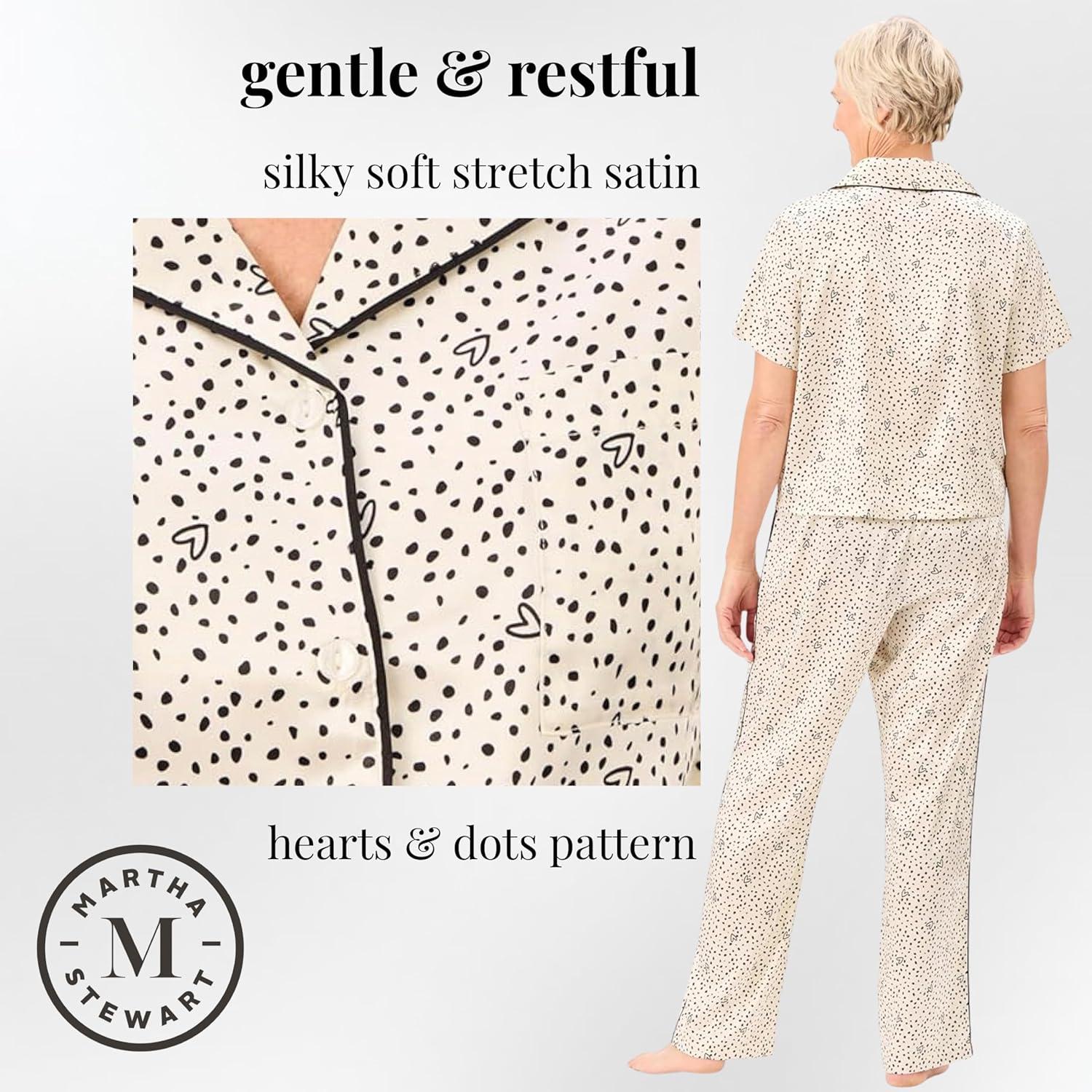 imageMartha Stewart Silky Sleepwear for Women Satin 2Pc Short Sleeve Notch Collar TopCapri Pant Pajama Set Sleek and SoftHearts and Dots