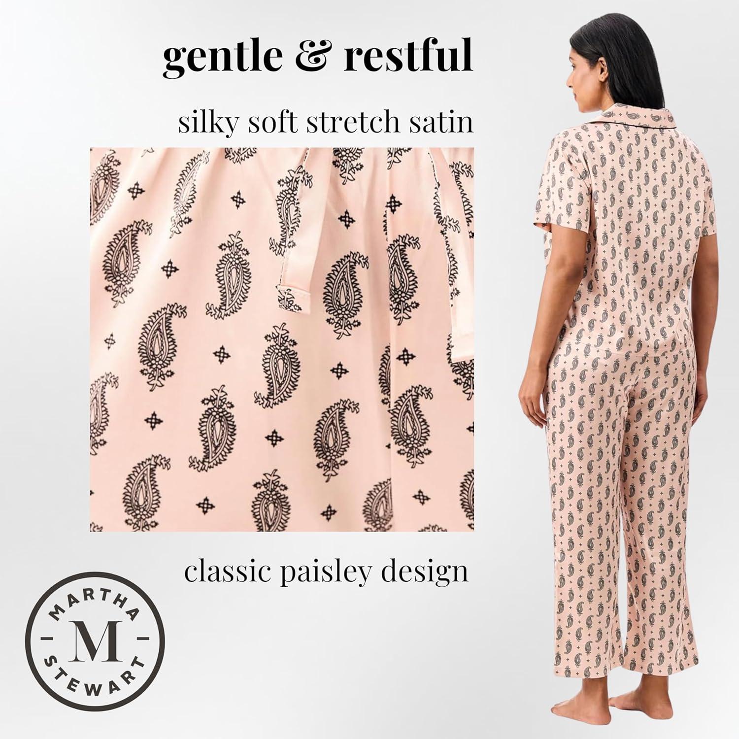 imageMartha Stewart Silky Sleepwear for Women Satin 2Pc Short Sleeve Notch Collar TopCapri Pant Pajama Set Sleek and SoftPink Paisley