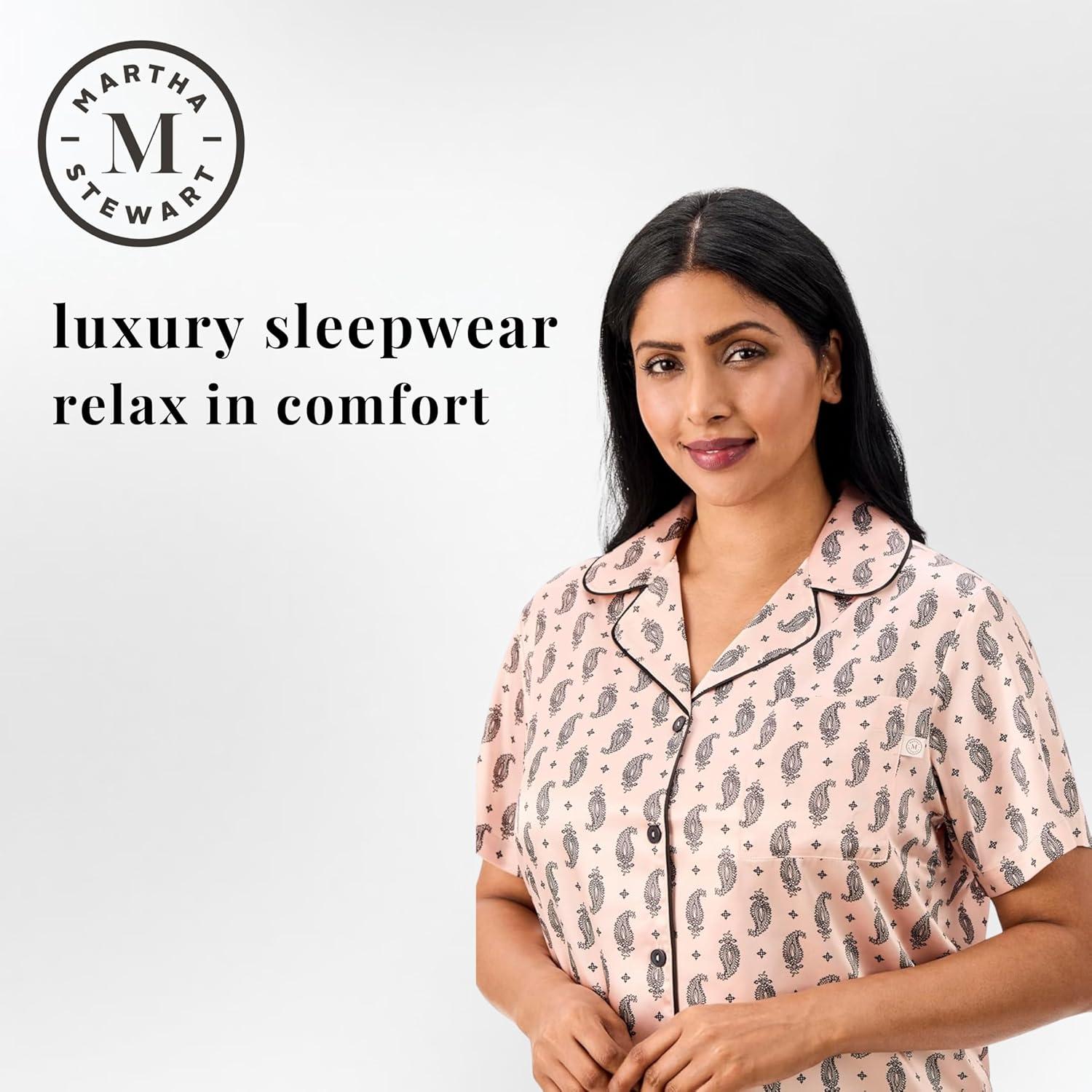 imageMartha Stewart Silky Sleepwear for Women Satin 2Pc Short Sleeve Notch Collar TopCapri Pant Pajama Set Sleek and SoftPink Paisley