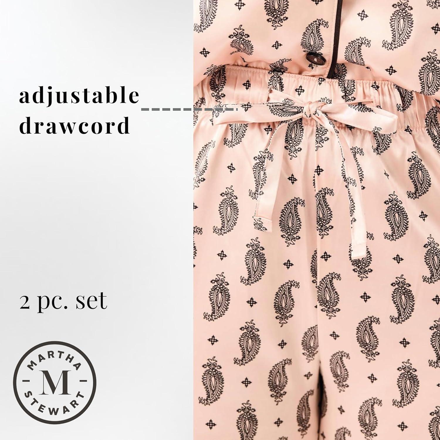 imageMartha Stewart Silky Sleepwear for Women Satin 2Pc Short Sleeve Notch Collar TopCapri Pant Pajama Set Sleek and SoftPink Paisley