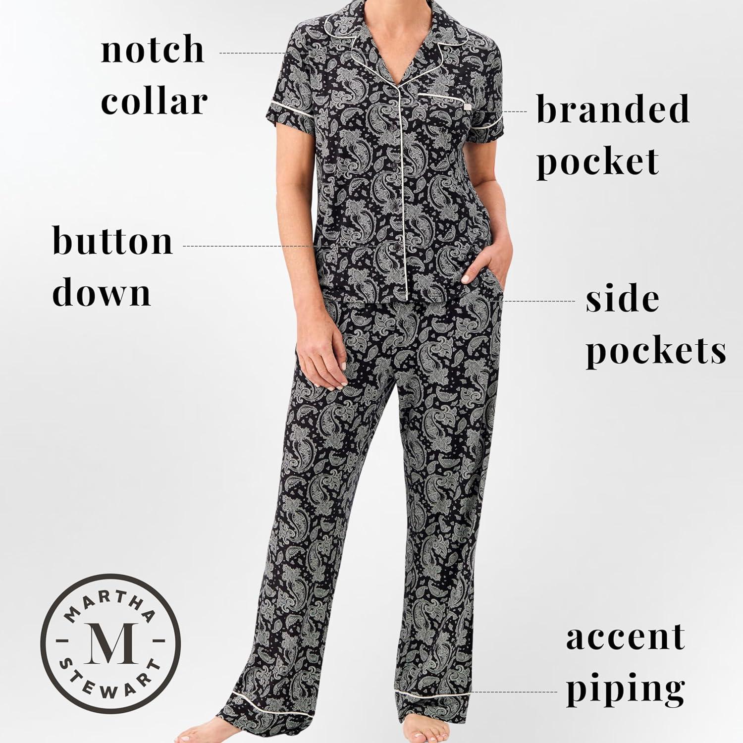 imageMartha Stewart Sleepwear for Women Lightweight Cooling Rayon 2Pc Notch Collar Short Sleeve Pajama Set Soft ampamp ComfortableDark Paisley