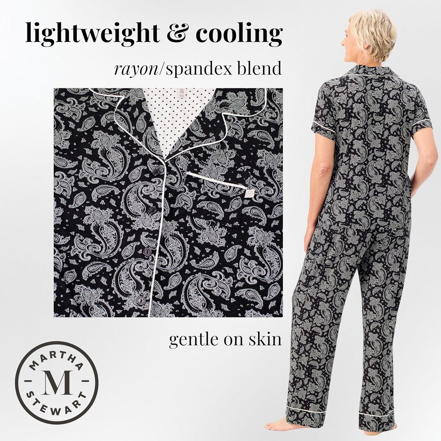 imageMartha Stewart Sleepwear for Women Lightweight Cooling Rayon 2Pc Notch Collar Short Sleeve Pajama Set Soft ampamp ComfortableDark Paisley