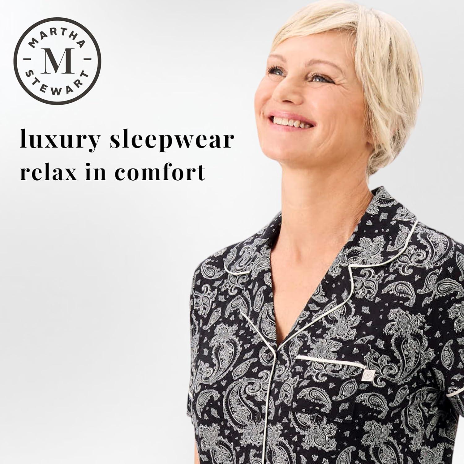 imageMartha Stewart Sleepwear for Women Lightweight Cooling Rayon 2Pc Notch Collar Short Sleeve Pajama Set Soft ampamp ComfortableDark Paisley