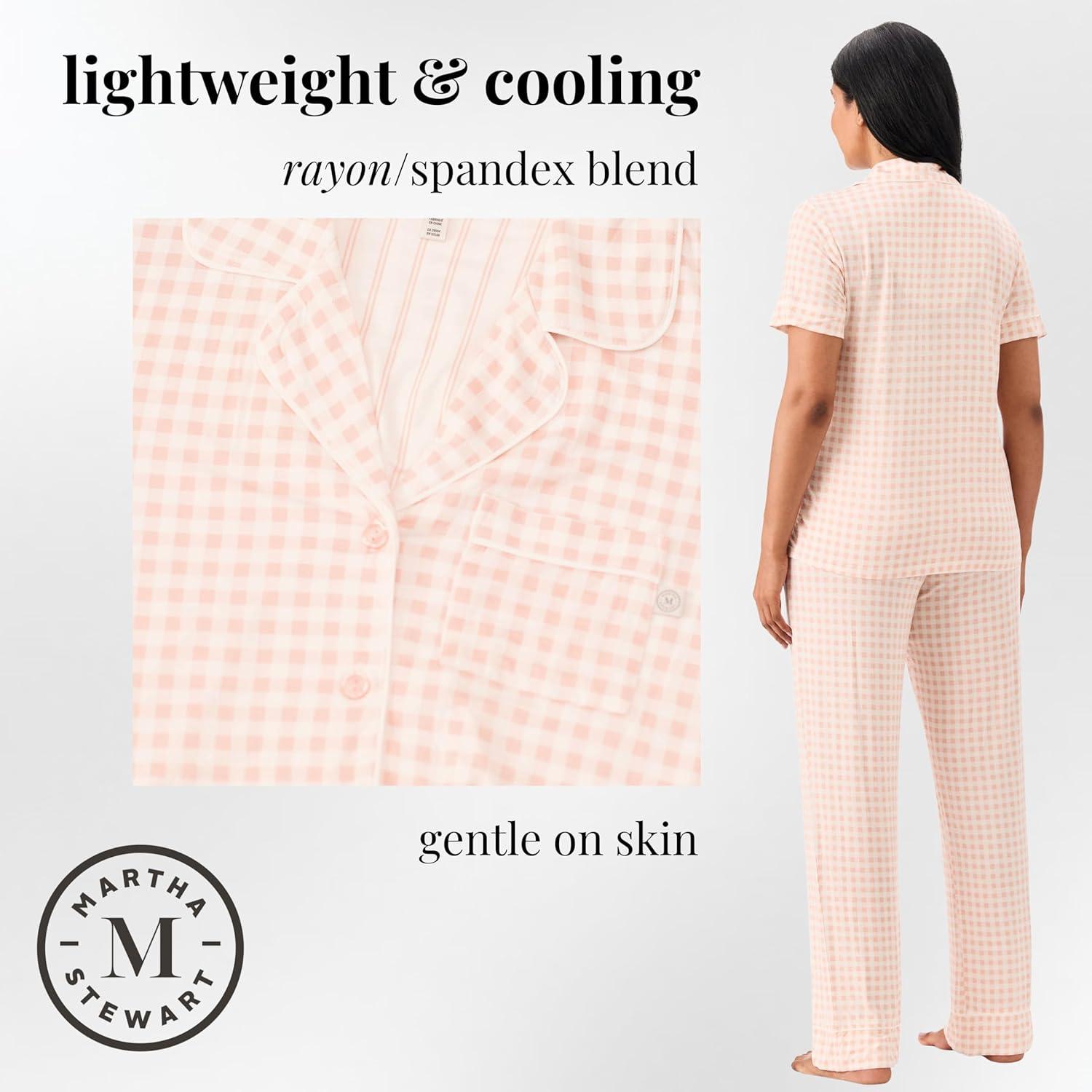 imageMartha Stewart Sleepwear for Women Lightweight Cooling Rayon 2Pc Notch Collar Short Sleeve Pajama Set Soft ampamp ComfortableLight Checkered