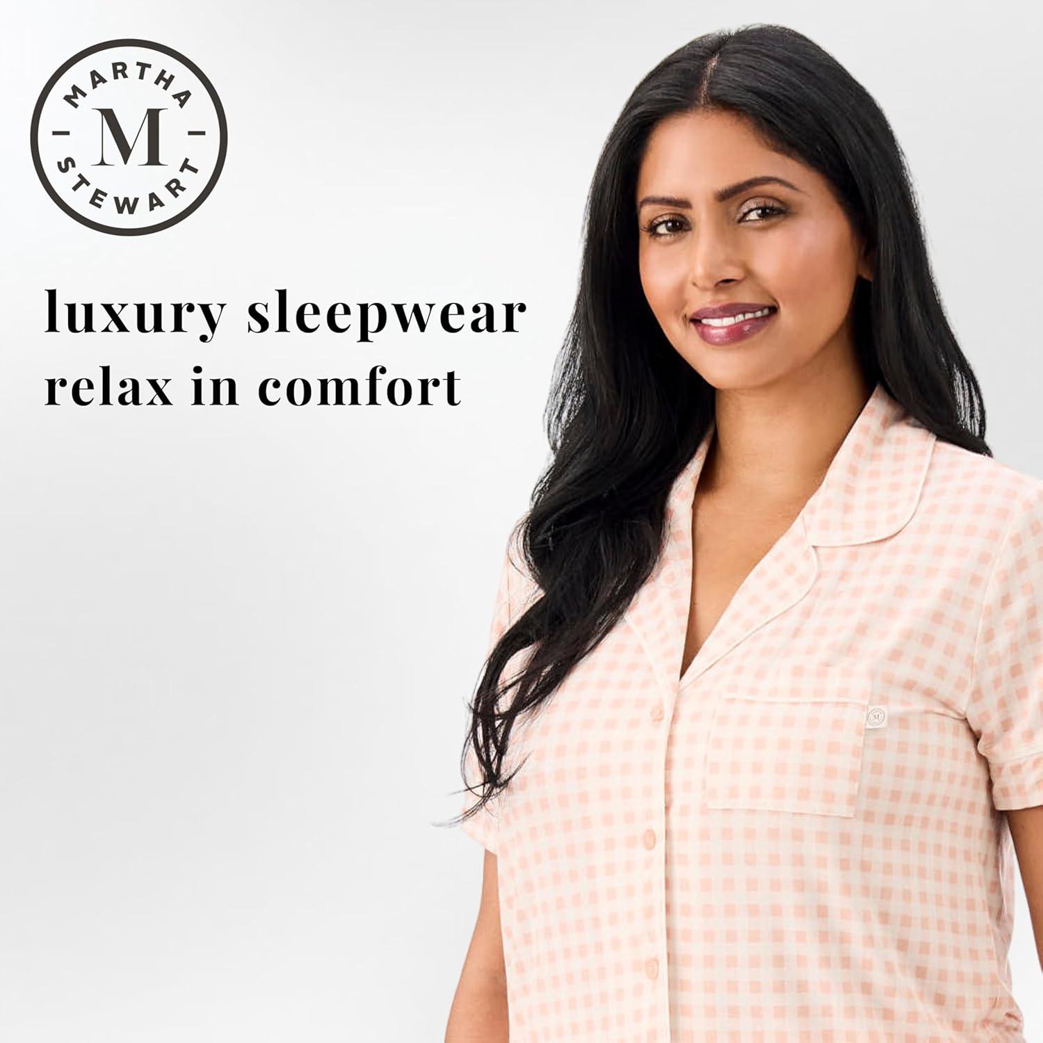 imageMartha Stewart Sleepwear for Women Lightweight Cooling Rayon 2Pc Notch Collar Short Sleeve Pajama Set Soft ampamp ComfortableLight Checkered