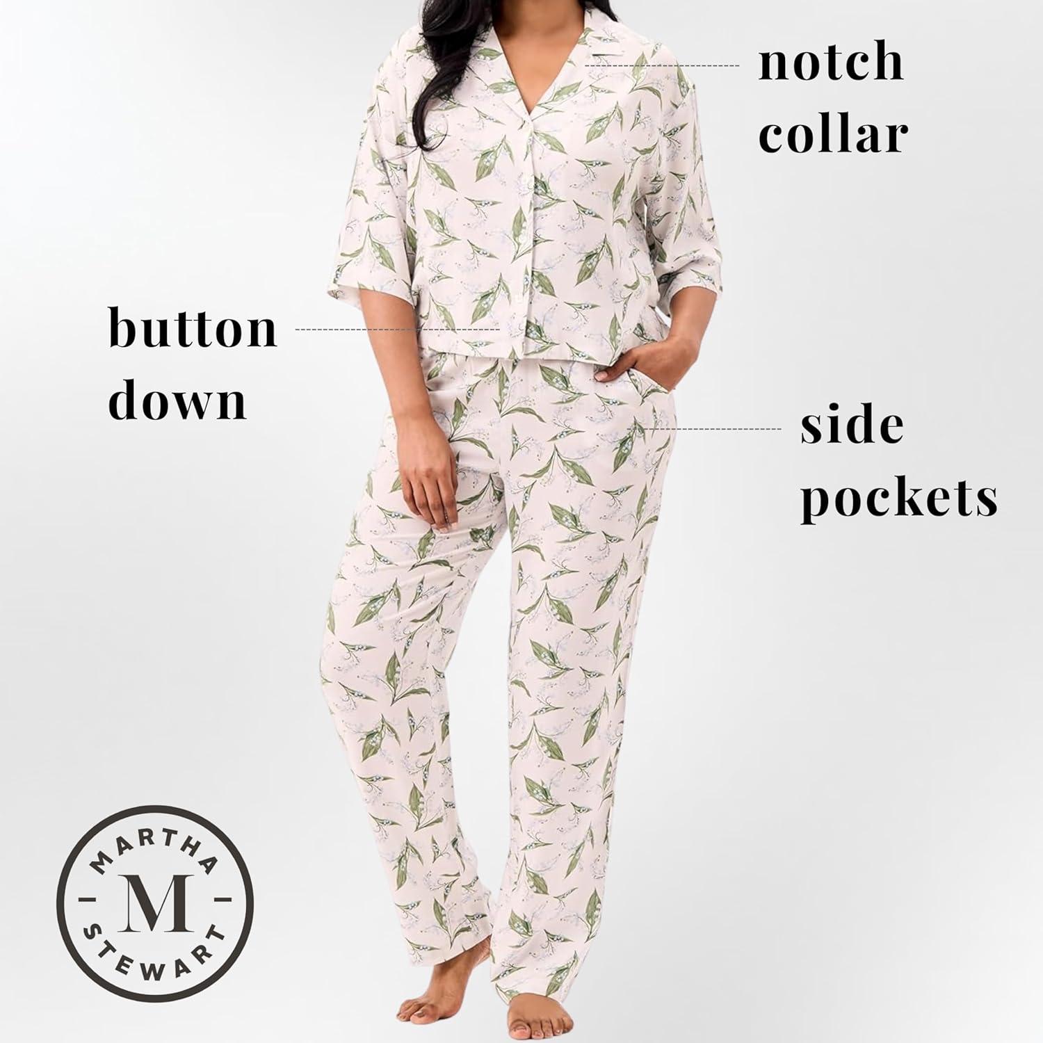 imageMartha Stewart Sleepwear for Women Rayon 2Piece Notch Collar Short Sleeve Button Down Pajama Set Soft ampamp LightweightBright White