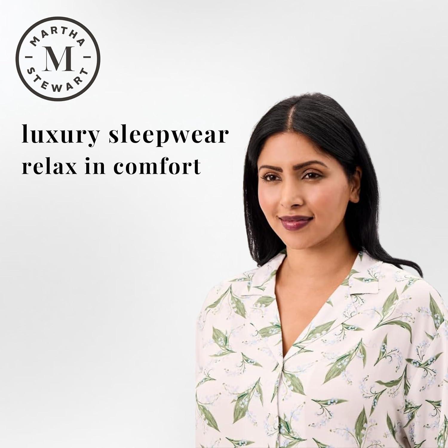 imageMartha Stewart Sleepwear for Women Rayon 2Piece Notch Collar Short Sleeve Button Down Pajama Set Soft ampamp LightweightBright White