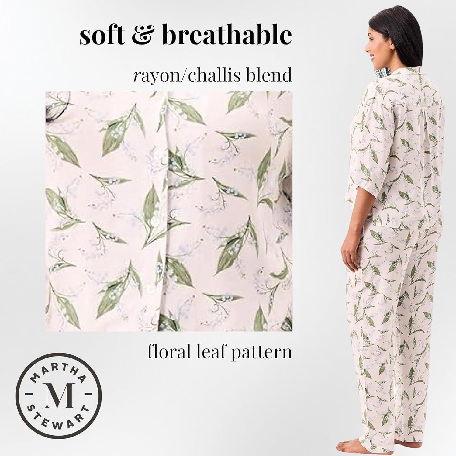 imageMartha Stewart Sleepwear for Women Rayon 2Piece Notch Collar Short Sleeve Button Down Pajama Set Soft ampamp LightweightBright White