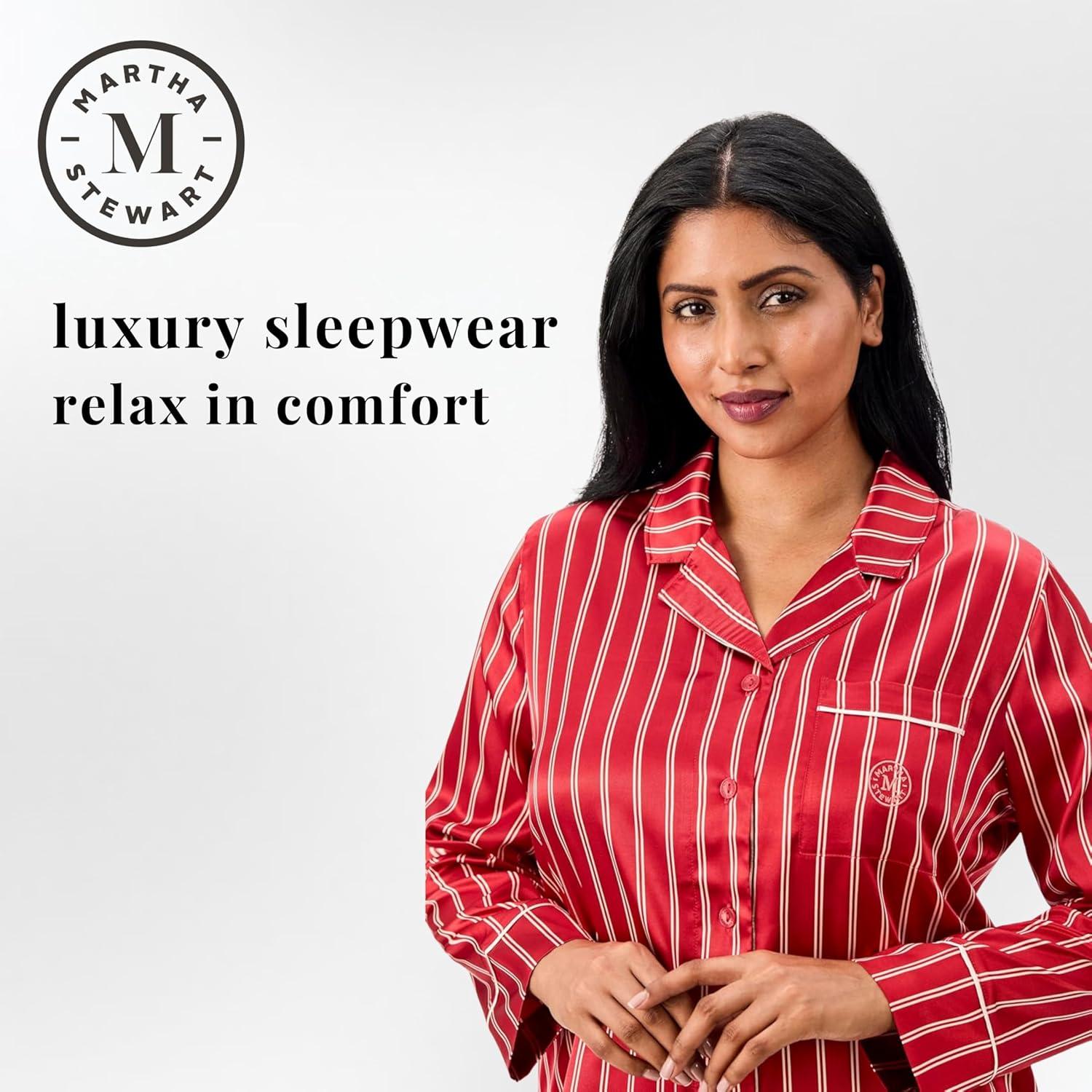 imageMartha Stewart Sleepwear for Women Silky Satin 2Piece Long Sleeve Notch Collar Pajama Set