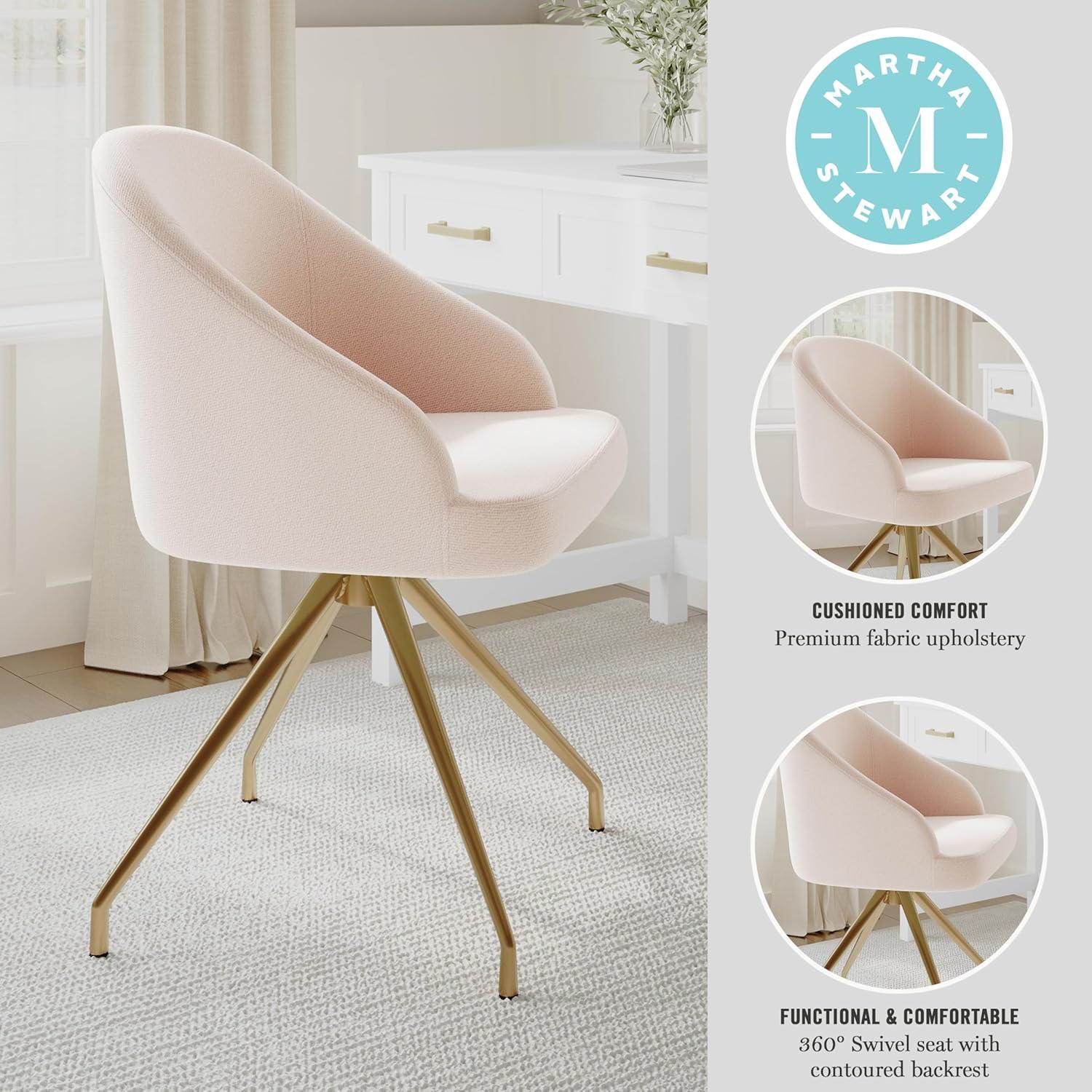 imageMartha Stewart Sora Stationary Swivel Task Chair with Sloped Arms for Home Office in White Boucle with Oil Rubbed Bronze FrameConch Shell FabricPolished Brass Frame