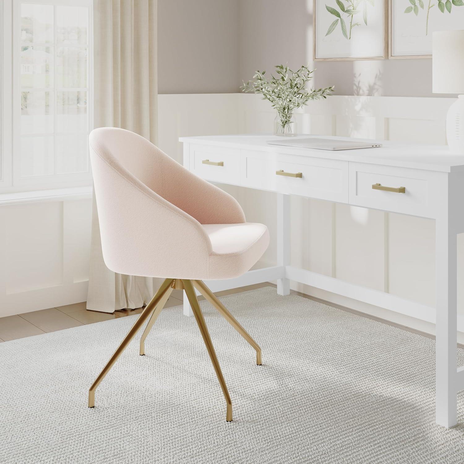 imageMartha Stewart Sora Stationary Swivel Task Chair with Sloped Arms for Home Office in White Boucle with Oil Rubbed Bronze FrameConch Shell FabricPolished Brass Frame