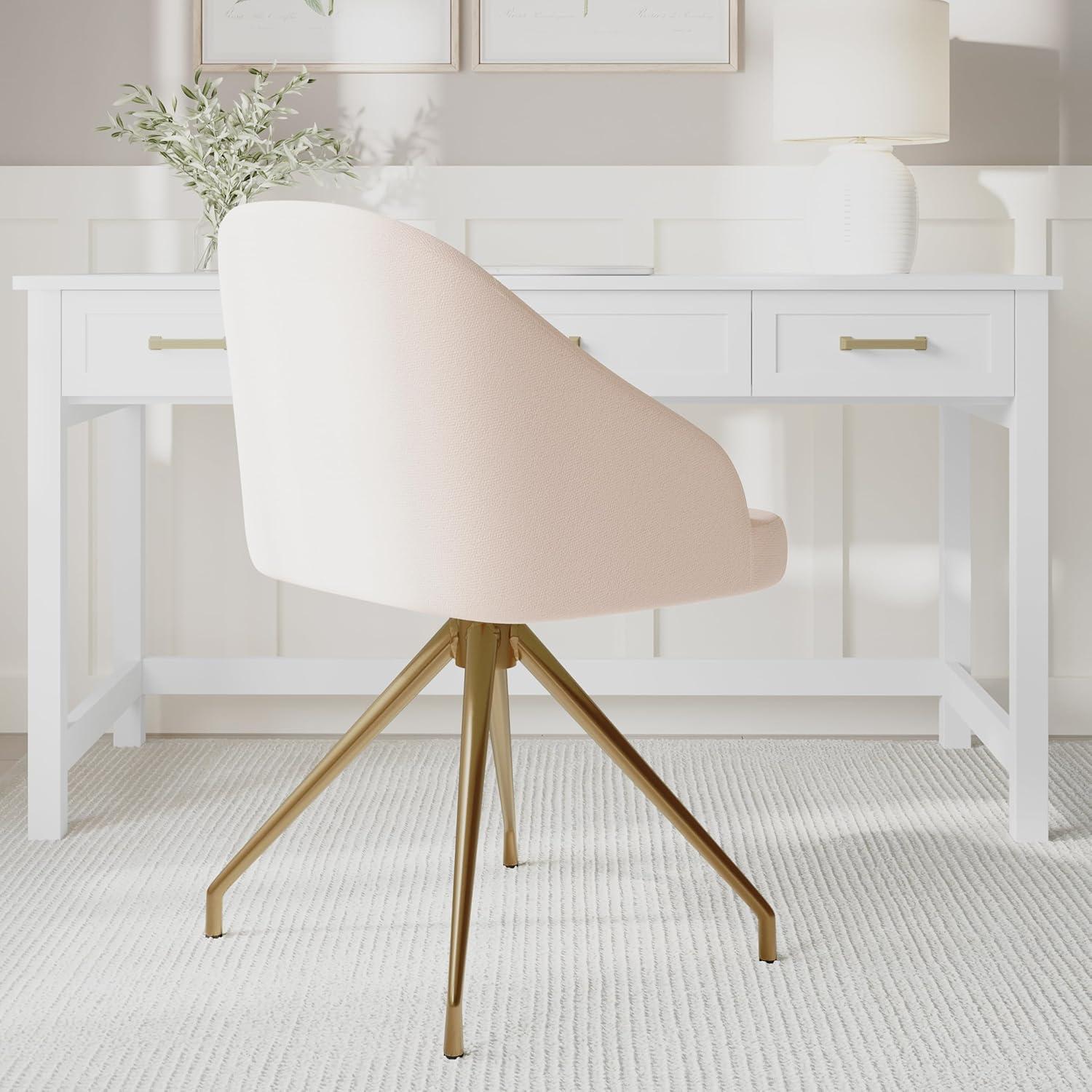 imageMartha Stewart Sora Stationary Swivel Task Chair with Sloped Arms for Home Office in White Boucle with Oil Rubbed Bronze FrameConch Shell FabricPolished Brass Frame