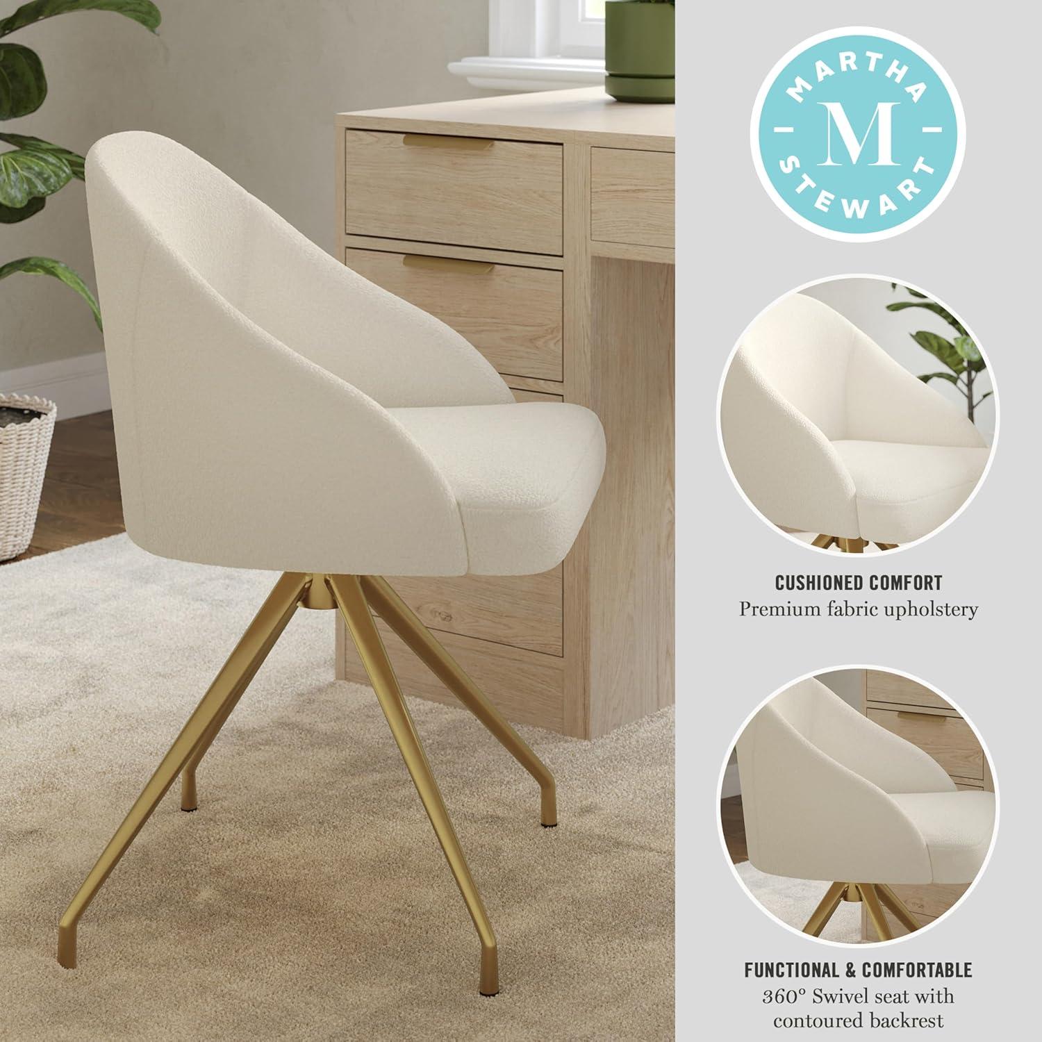 imageMartha Stewart Sora Stationary Swivel Task Chair with Sloped Arms for Home Office in White Boucle with Oil Rubbed Bronze FrameOff White BouclePolished Brass Frame