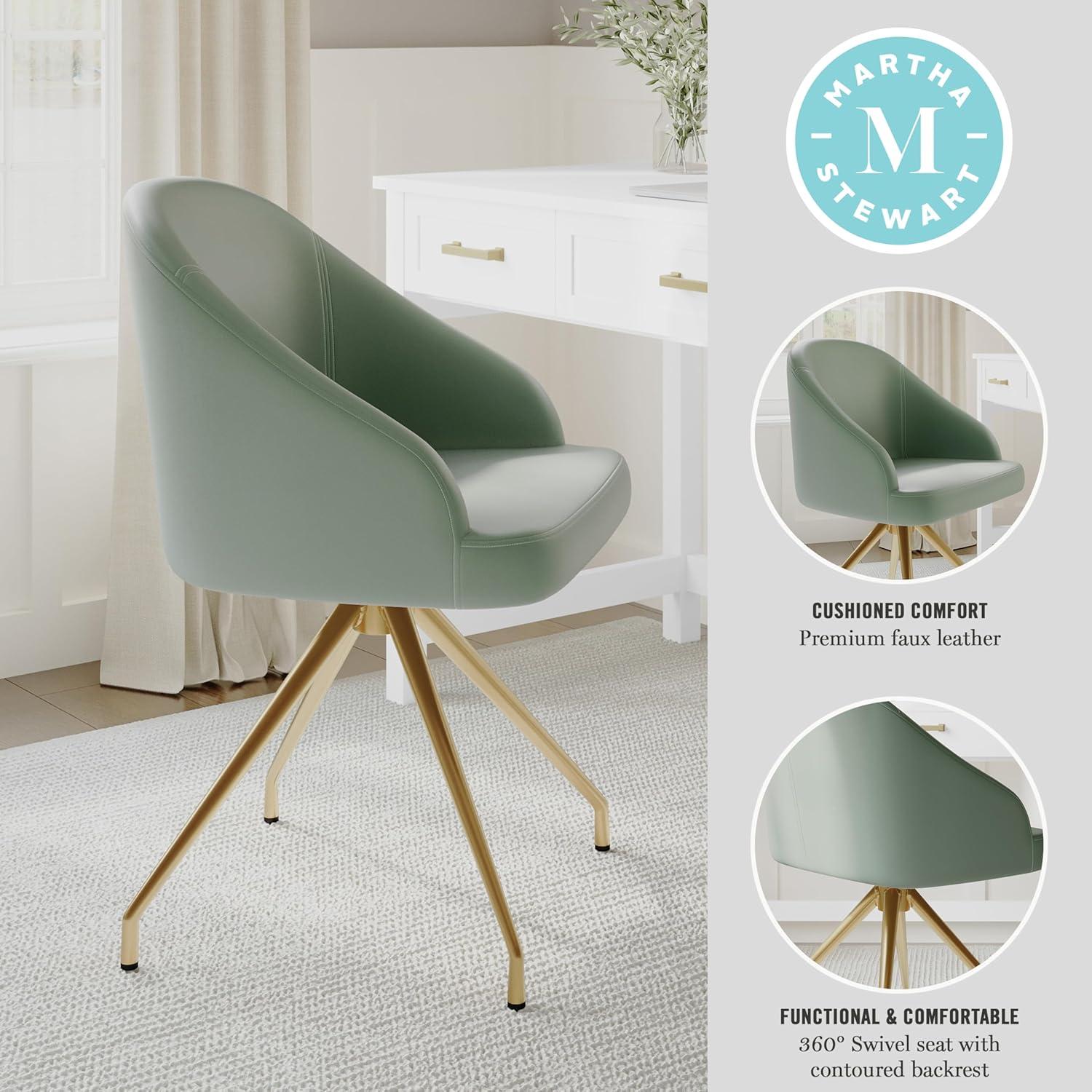 imageMartha Stewart Sora Stationary Swivel Task Chair with Sloped Arms for Home Office in White Boucle with Oil Rubbed Bronze FrameSage Faux LeatherPolished Brass Frame