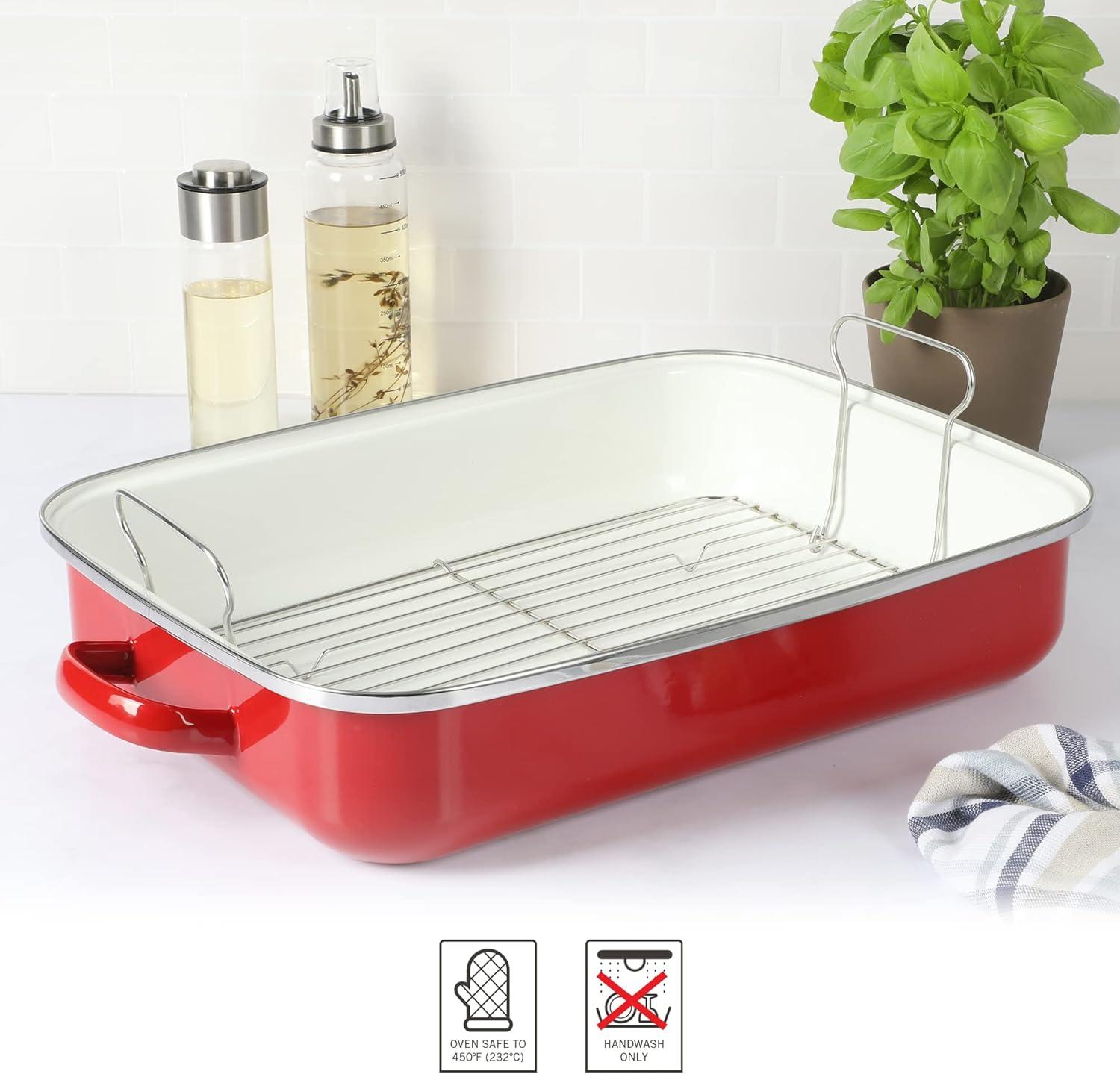 imageMartha Stewart Thayer 18quot Enamel on Steel Roaster Pan wStainless Steel Rack RedRed