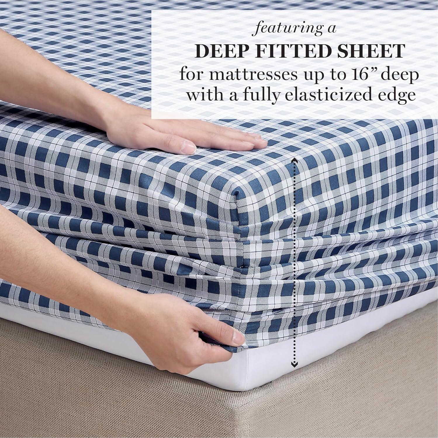 imageMartha Stewart Ultra Soft Brushed and Washed Microfiber 4 Piece Sheet Set Easy Care Deep Pocket Comfy Sheets 1 Flat Sheet 1 Fitted Sheet 2 Std Pillowcases Queen Size White ampamp Blush PinkTodd Checks Blue
