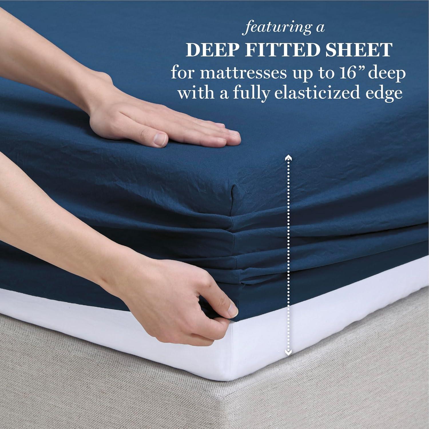 imageMartha Stewart Ultra Soft Brushed and Washed Microfiber 4 Piece Sheet Set Easy Care Deep Pocket Comfy Sheets 1 Flat Sheet 1 Fitted Sheet 2 Std Pillowcases Queen Size White ampamp Blush PinkNavy Peony