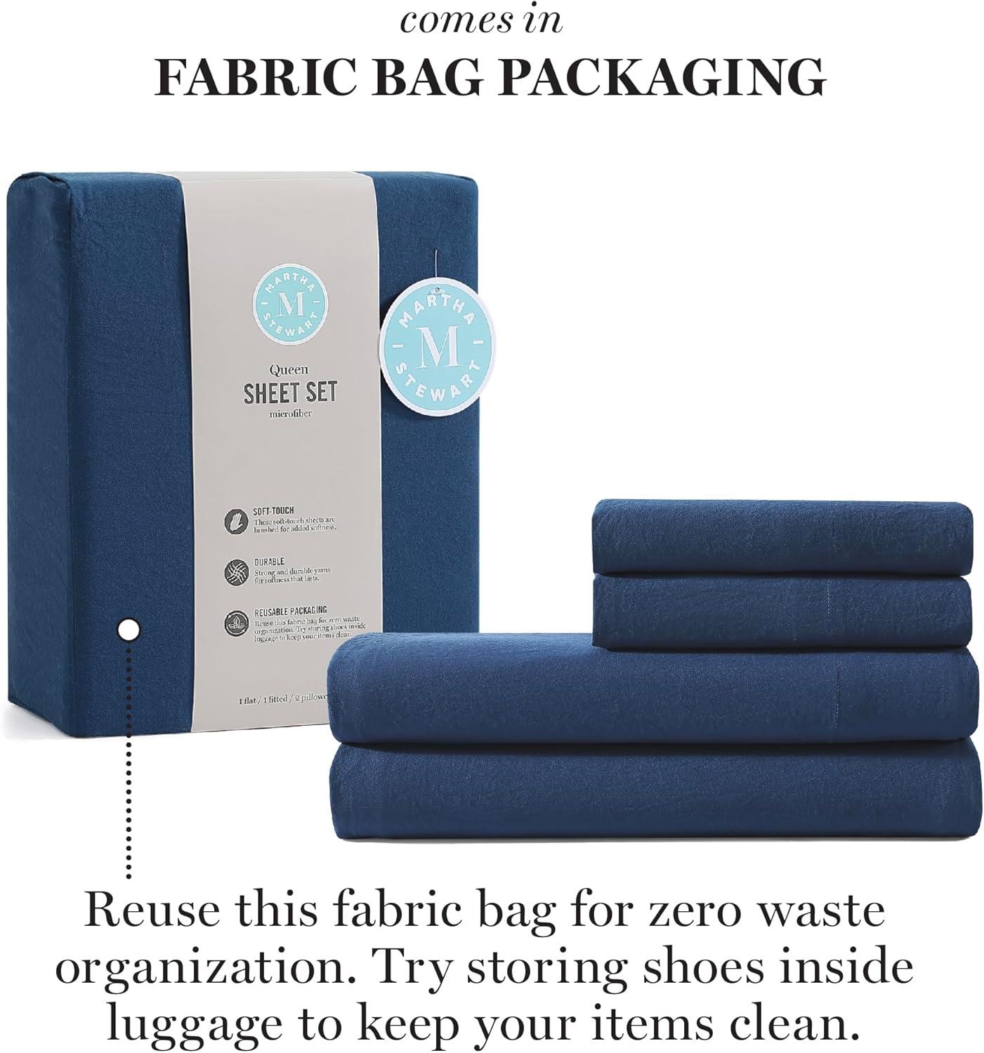 imageMartha Stewart Ultra Soft Brushed and Washed Microfiber 4 Piece Sheet Set Easy Care Deep Pocket Comfy Sheets 1 Flat Sheet 1 Fitted Sheet 2 Std Pillowcases Queen Size White ampamp Blush PinkNavy Peony