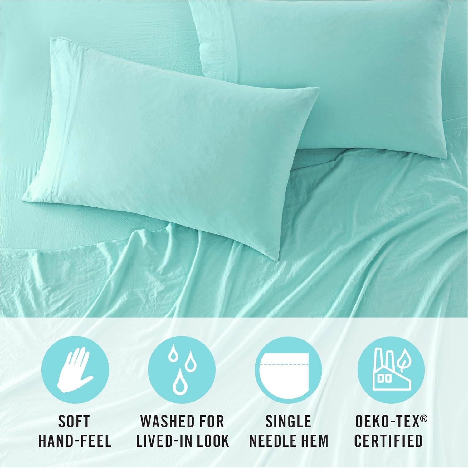 imageMartha Stewart Ultra Soft Brushed and Washed Microfiber 4 Piece Sheet Set Easy Care Deep Pocket Comfy Sheets 1 Flat Sheet 1 Fitted Sheet 2 Std Pillowcases Queen Size White ampamp Blush PinkBlue Tint