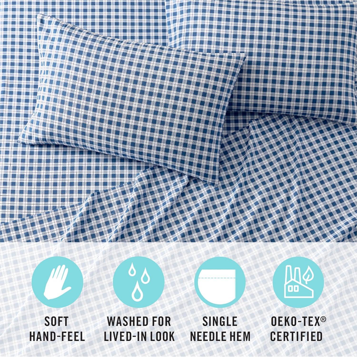 imageMartha Stewart Ultra Soft Brushed and Washed Microfiber 4 Piece Sheet Set Easy Care Deep Pocket Comfy Sheets 1 Flat Sheet 1 Fitted Sheet 2 Std Pillowcases Queen Size White ampamp Blush PinkTodd Checks Blue