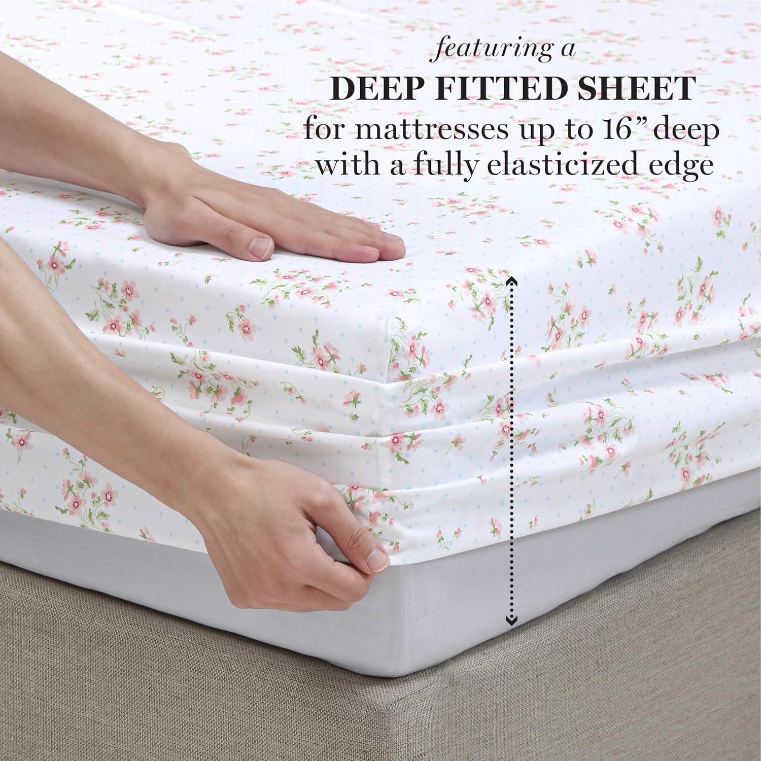 imageMartha Stewart Ultra Soft Brushed and Washed Microfiber 4 Piece Sheet Set Easy Care Deep Pocket Comfy Sheets 1 Flat Sheet 1 Fitted Sheet 2 Std Pillowcases Queen Size White ampamp Blush PinkGigi Floral Rose Quartz