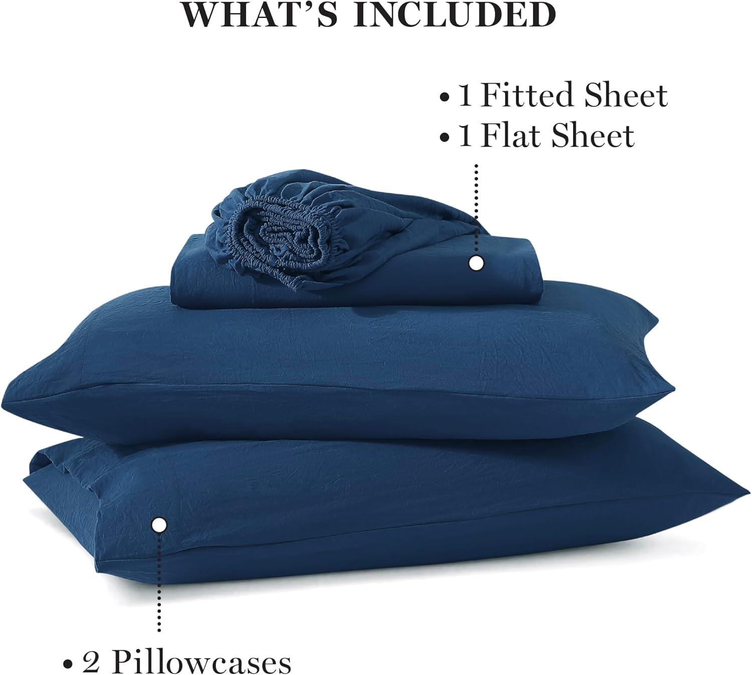imageMartha Stewart Ultra Soft Brushed and Washed Microfiber 4 Piece Sheet Set Easy Care Deep Pocket Comfy Sheets 1 Flat Sheet 1 Fitted Sheet 2 Std Pillowcases Queen Size White ampamp Blush PinkNavy Peony