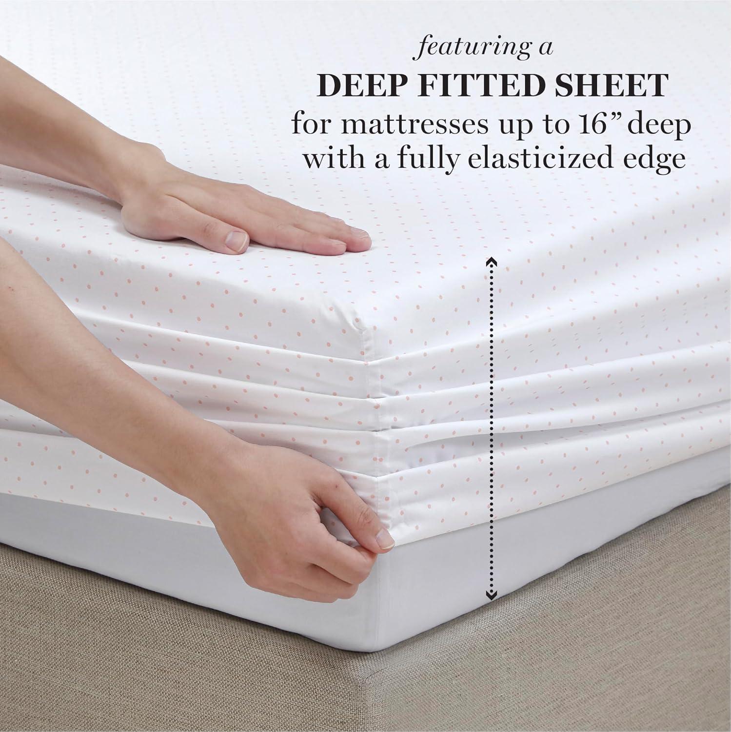 imageMartha Stewart Ultra Soft Brushed and Washed Microfiber 4 Piece Sheet Set Easy Care Deep Pocket Comfy Sheets 1 Flat Sheet 1 Fitted Sheet 2 Std Pillowcases Queen Size White ampamp Blush PinkSwissdot Rose