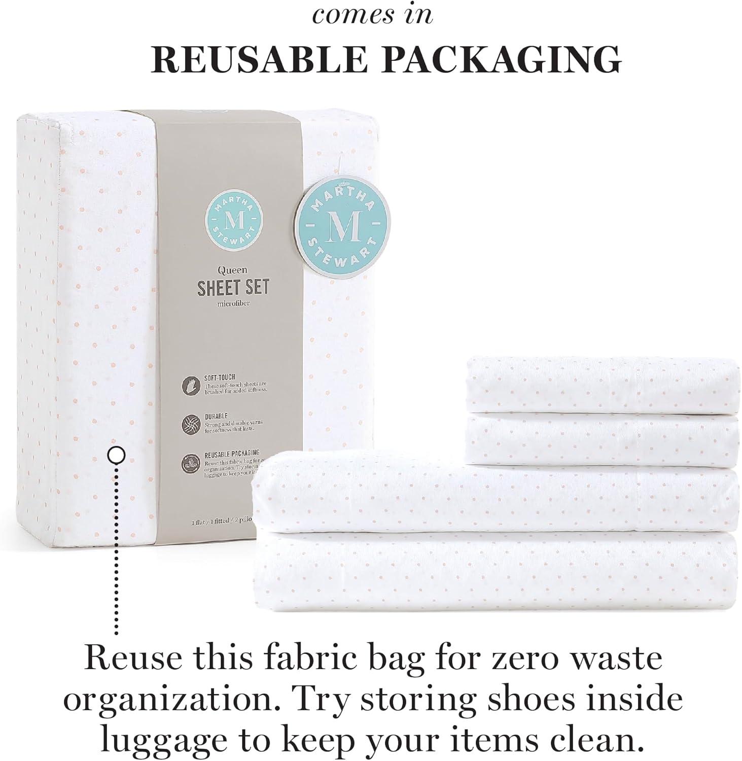 imageMartha Stewart Ultra Soft Brushed and Washed Microfiber 4 Piece Sheet Set Easy Care Deep Pocket Comfy Sheets 1 Flat Sheet 1 Fitted Sheet 2 Std Pillowcases Queen Size White ampamp Blush PinkSwissdot Rose