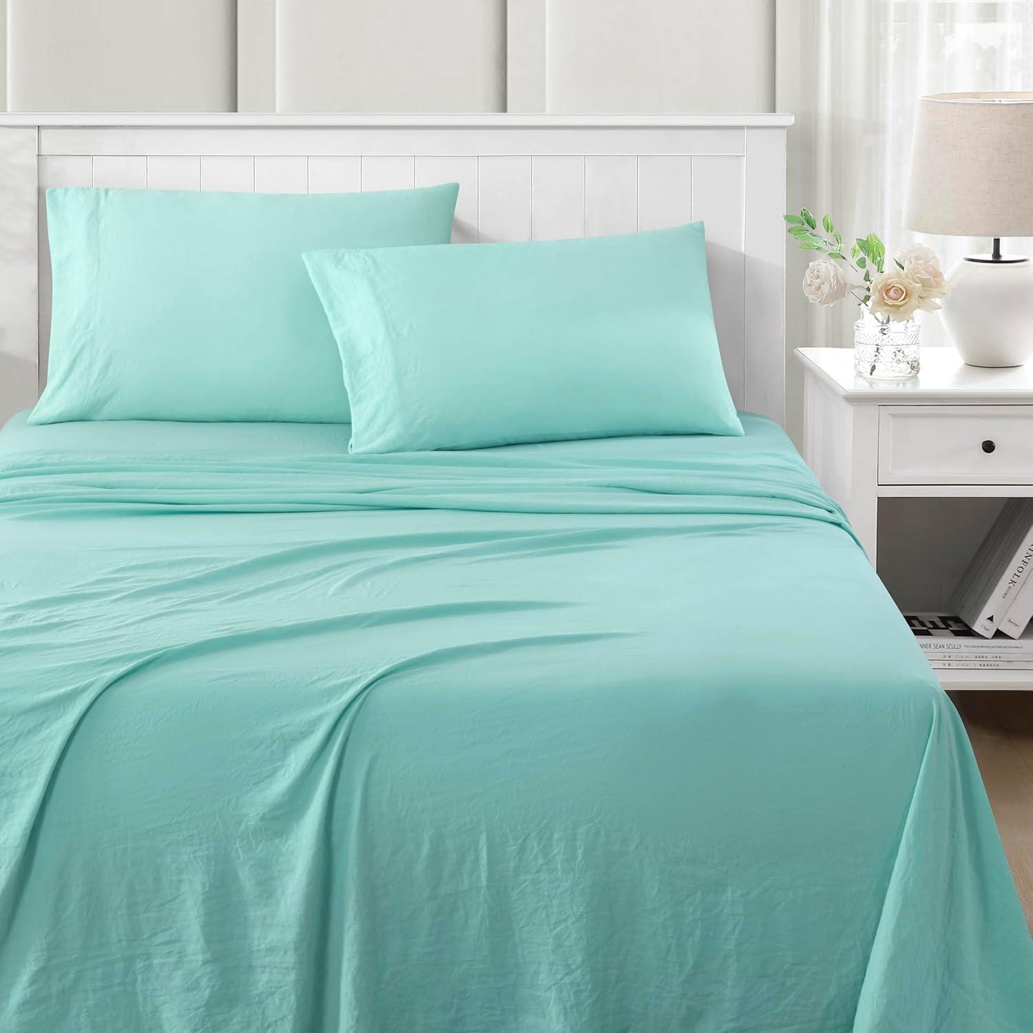 imageMartha Stewart Ultra Soft Brushed and Washed Microfiber 4 Piece Sheet Set Easy Care Deep Pocket Comfy Sheets 1 Flat Sheet 1 Fitted Sheet 2 Std Pillowcases Queen Size White ampamp Blush PinkBlue Tint