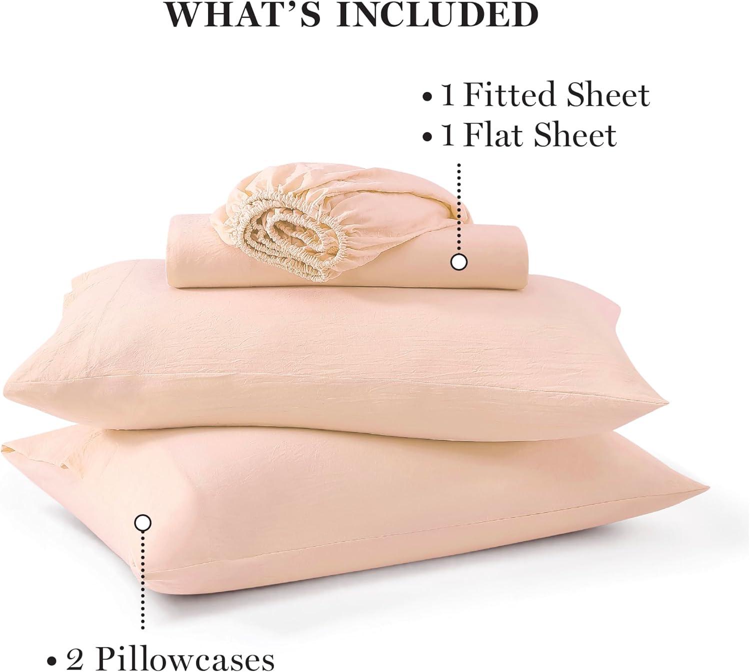imageMartha Stewart Ultra Soft Brushed and Washed Microfiber 4 Piece Sheet Set Easy Care Deep Pocket Comfy Sheets 1 Flat Sheet 1 Fitted Sheet 2 Std Pillowcases Queen Size White ampamp Blush PinkPeachy Keen