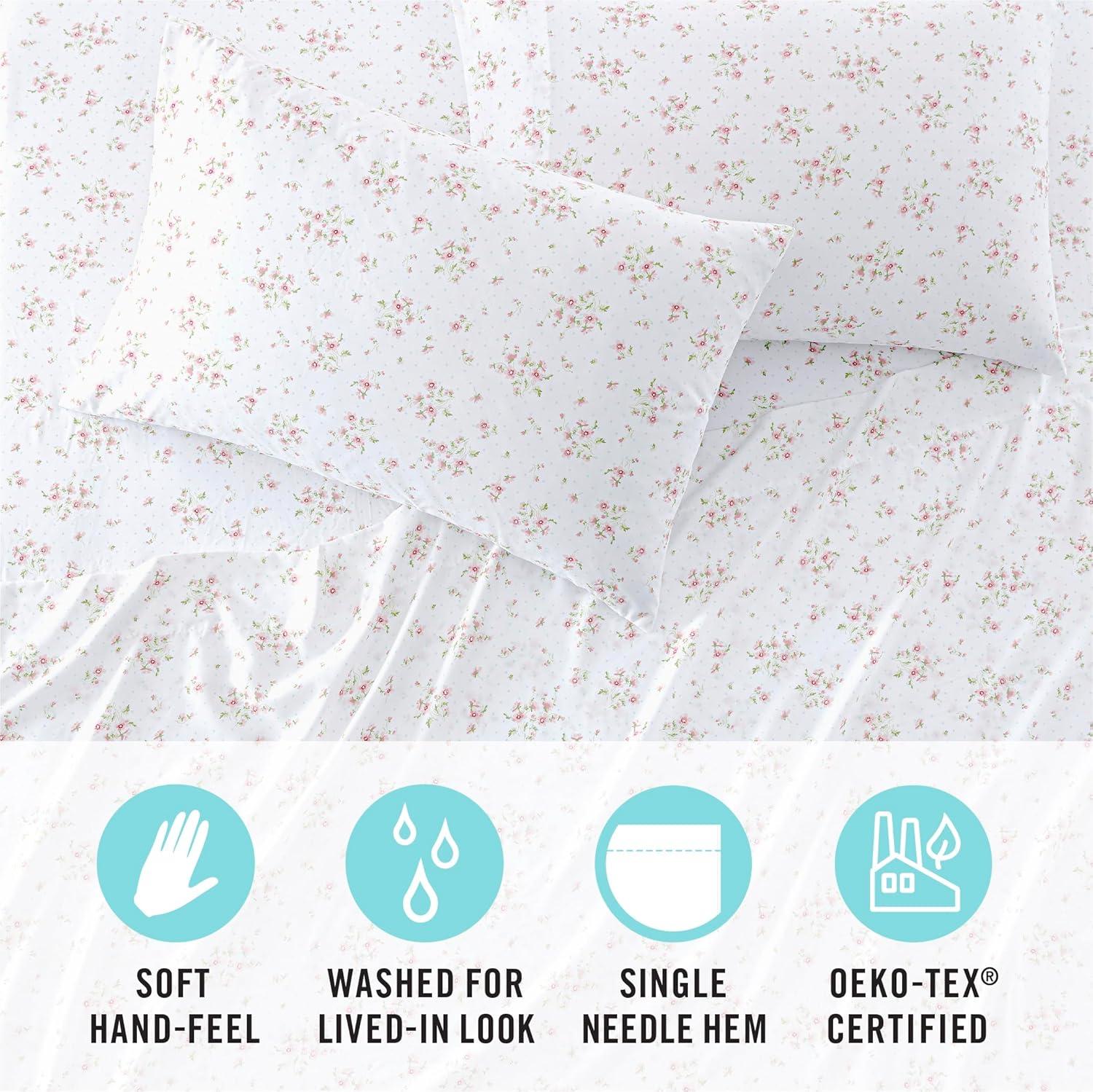 imageMartha Stewart Ultra Soft Brushed and Washed Microfiber 4 Piece Sheet Set Easy Care Deep Pocket Comfy Sheets 1 Flat Sheet 1 Fitted Sheet 2 Std Pillowcases Queen Size White ampamp Blush PinkGigi Floral Rose Quartz