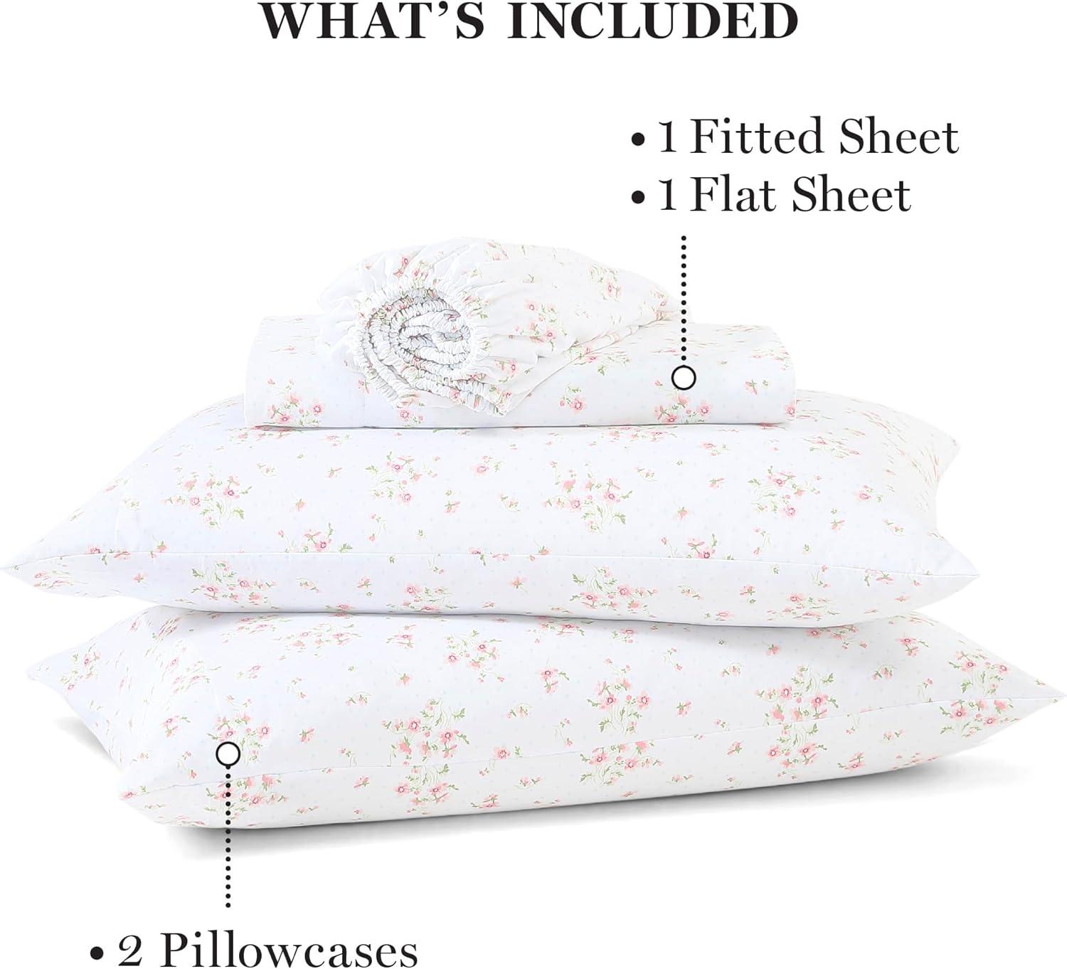 imageMartha Stewart Ultra Soft Brushed and Washed Microfiber 4 Piece Sheet Set Easy Care Deep Pocket Comfy Sheets 1 Flat Sheet 1 Fitted Sheet 2 Std Pillowcases Queen Size White ampamp Blush PinkGigi Floral Rose Quartz