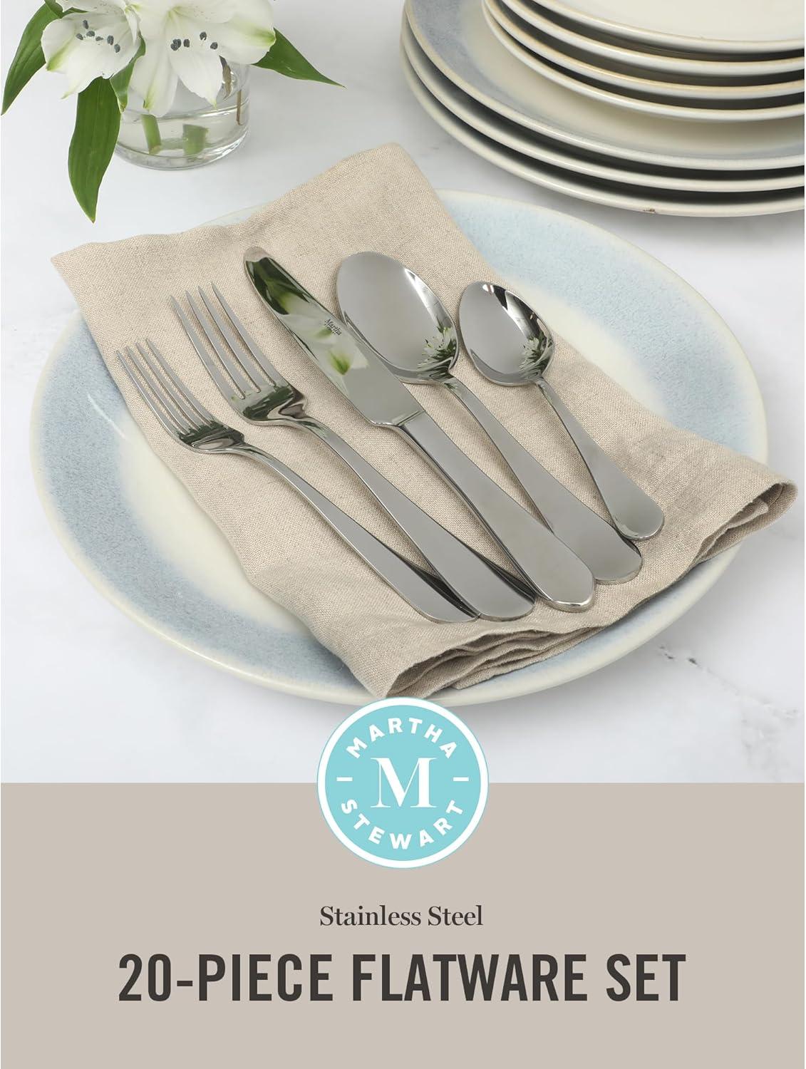 imageMartha Stewart Watercliffe 16 pc Flatware Silverware Set  Stainless Steel Utensils  Forks Spoons Knives  Service for 4  LinenAlness Mirror Polish