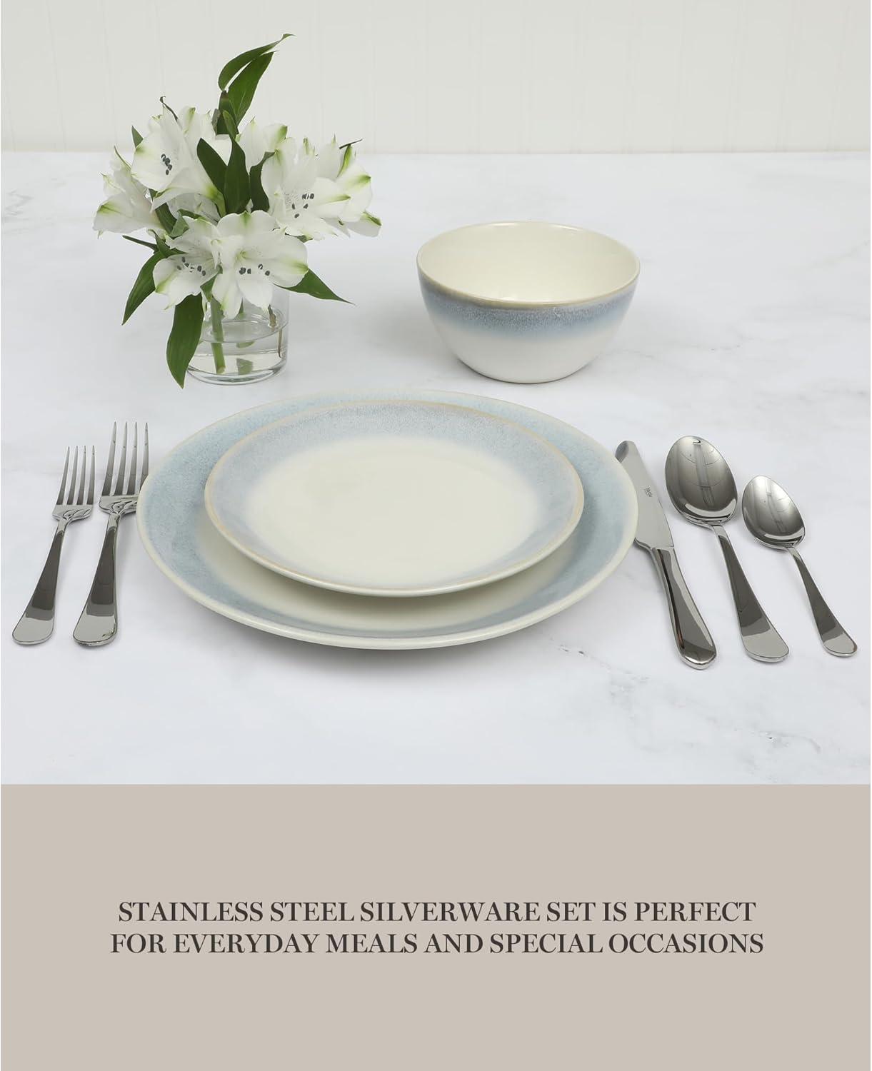 imageMartha Stewart Watercliffe 16 pc Flatware Silverware Set  Stainless Steel Utensils  Forks Spoons Knives  Service for 4  LinenAlness Mirror Polish