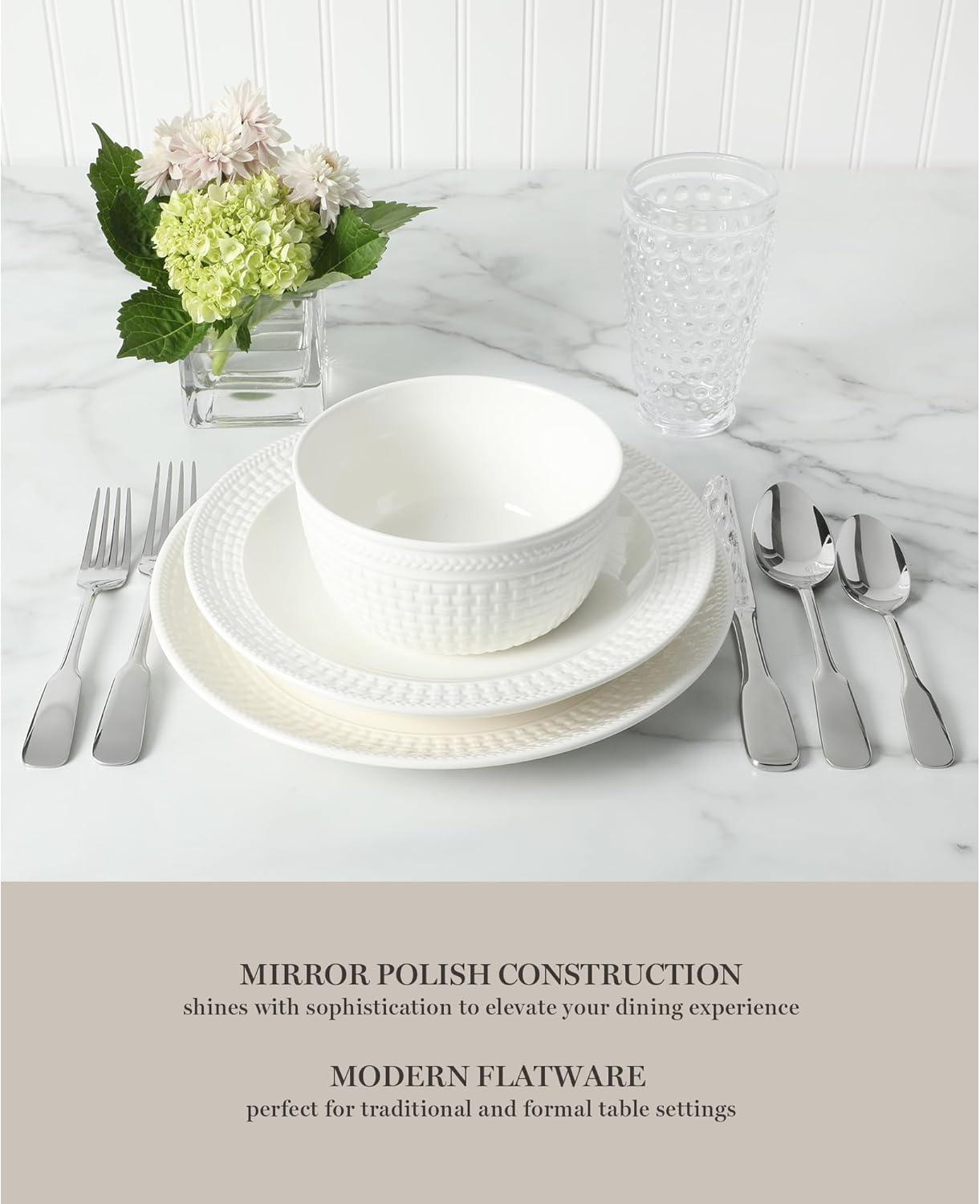 imageMartha Stewart Watercliffe 16 pc Flatware Silverware Set  Stainless Steel Utensils  Forks Spoons Knives  Service for 4  LinenHalsey Mirror Polish