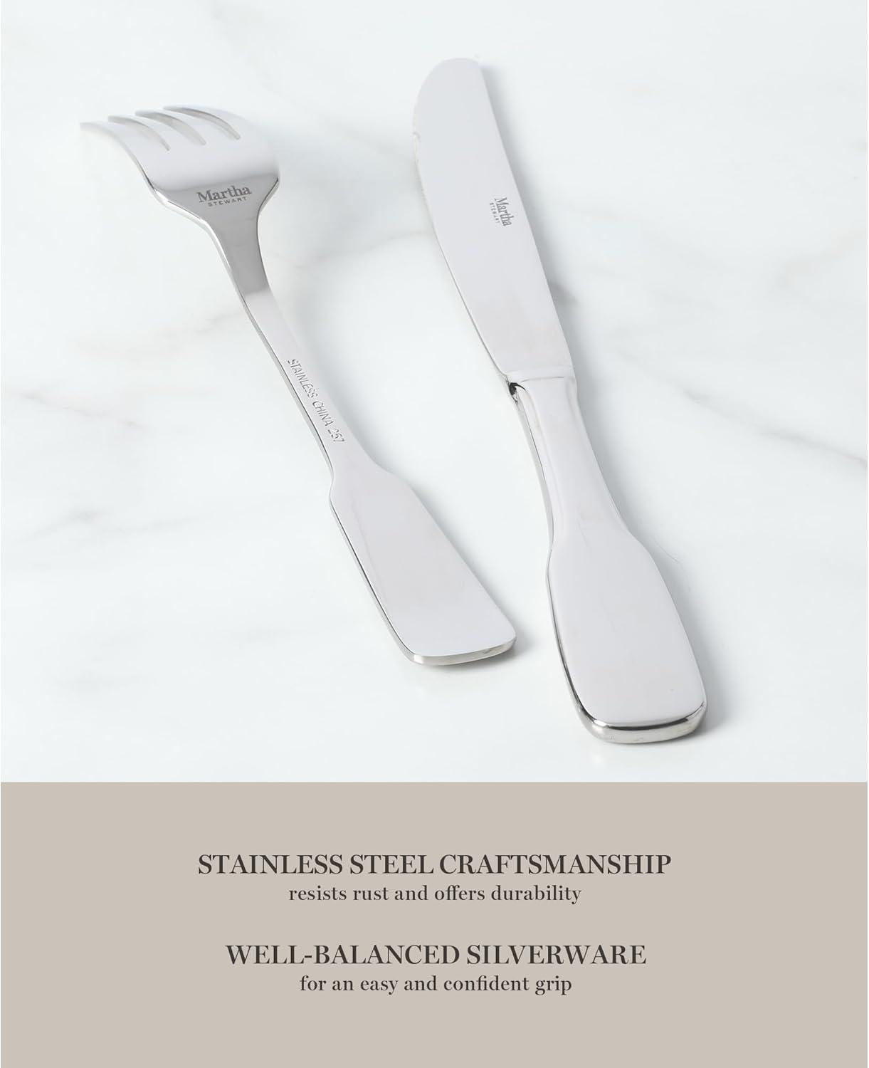 imageMartha Stewart Watercliffe 16 pc Flatware Silverware Set  Stainless Steel Utensils  Forks Spoons Knives  Service for 4  LinenHalsey Mirror Polish