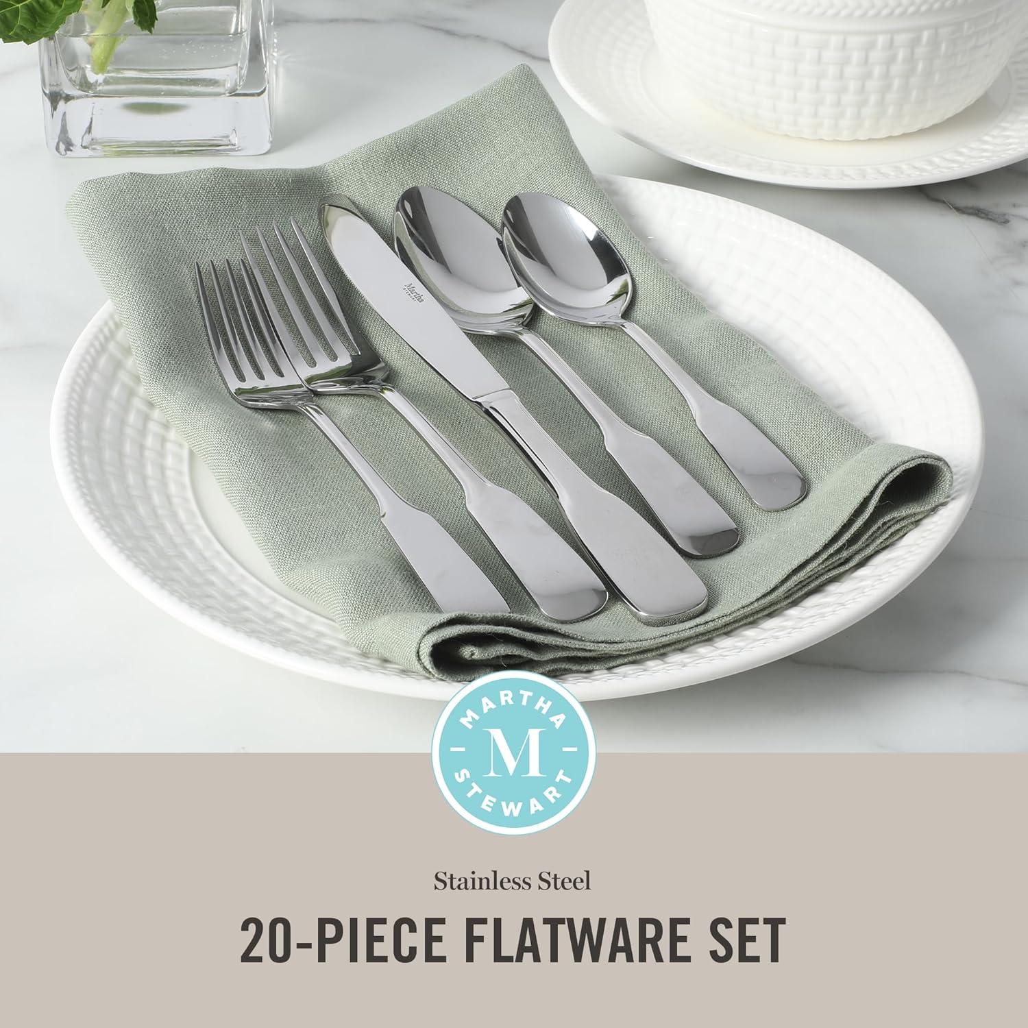 imageMartha Stewart Watercliffe 16 pc Flatware Silverware Set  Stainless Steel Utensils  Forks Spoons Knives  Service for 4  LinenHalsey Mirror Polish