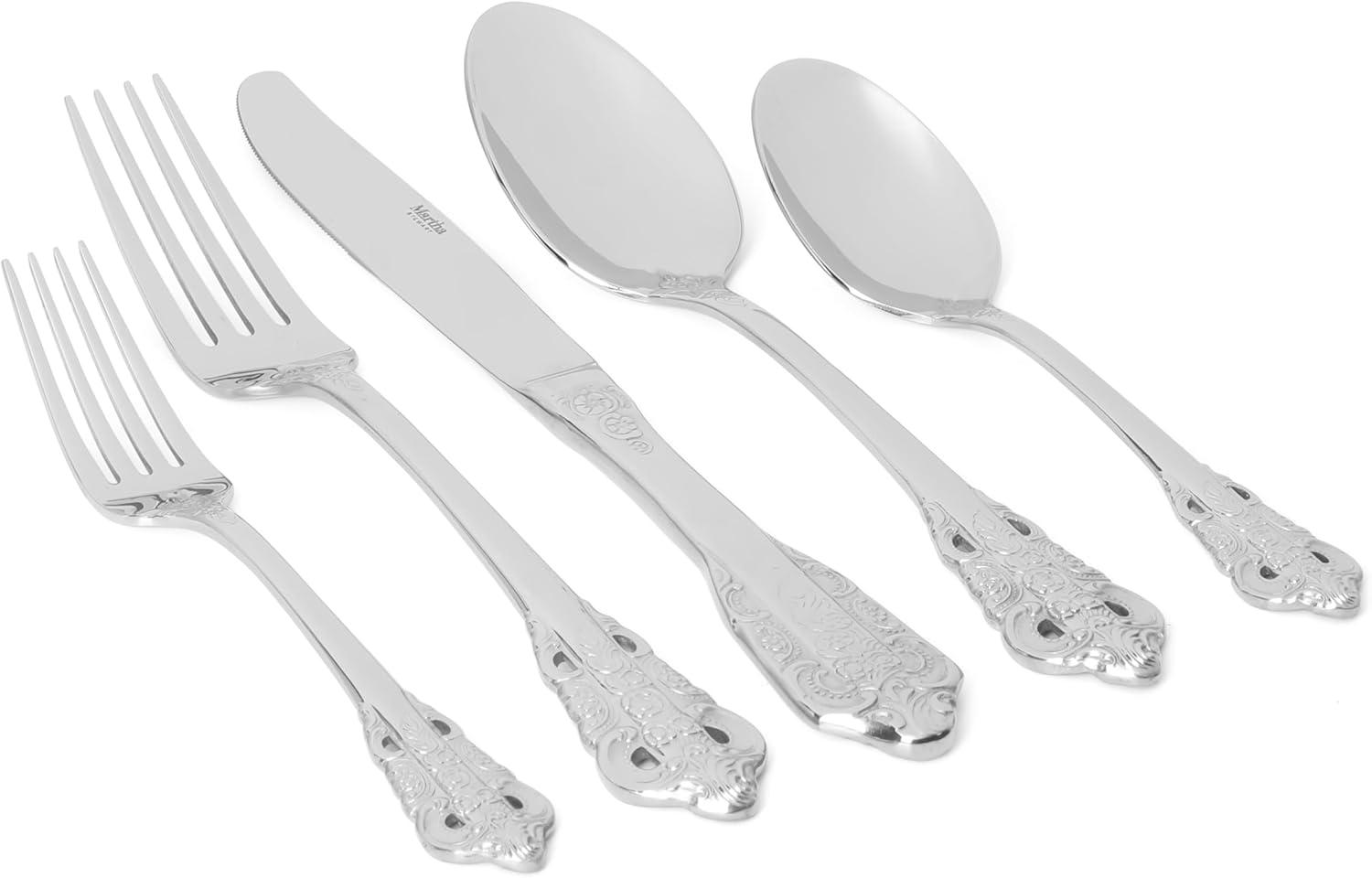 imageMartha Stewart Watercliffe 16 pc Flatware Silverware Set  Stainless Steel Utensils  Forks Spoons Knives  Service for 4  LinenPerrine Mirror Polish