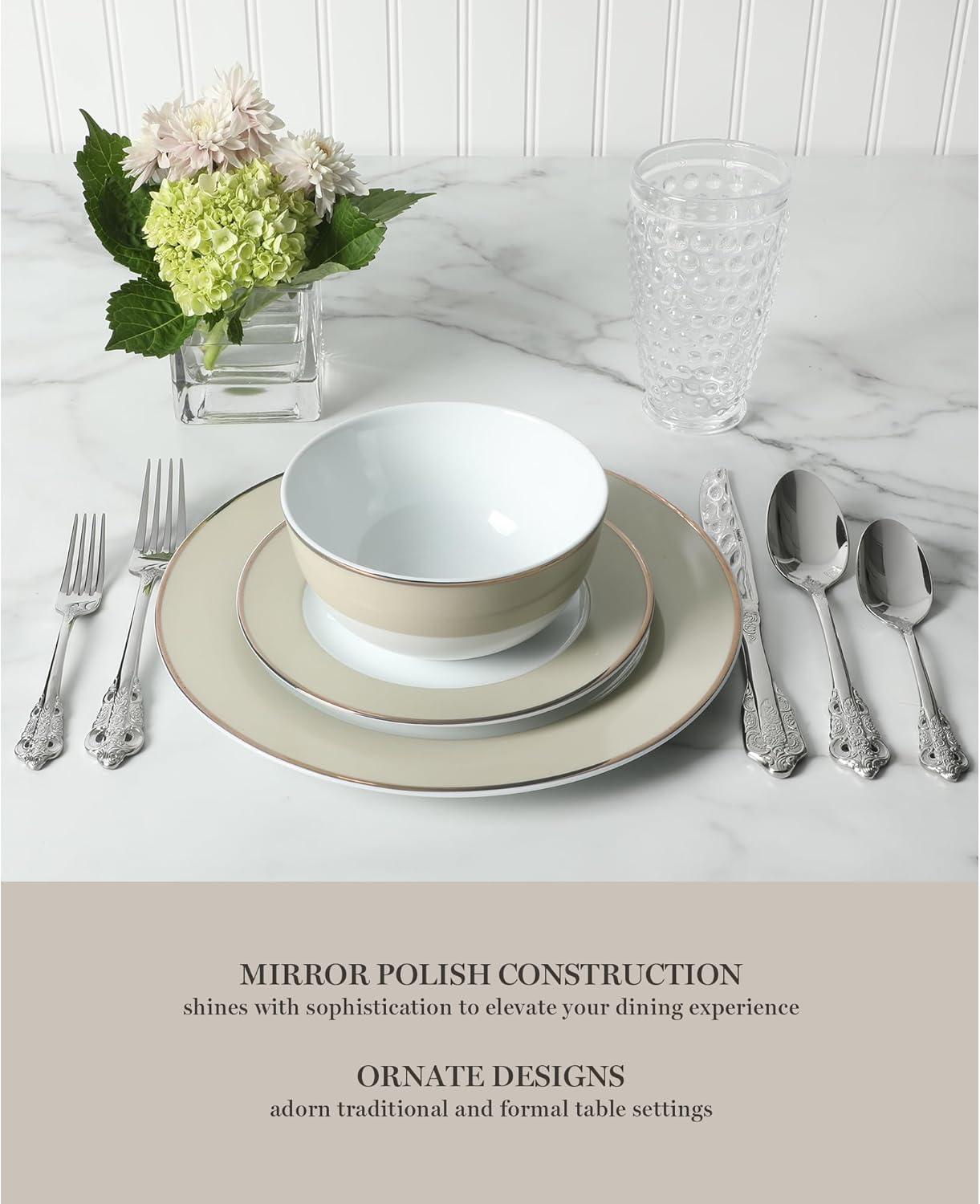 imageMartha Stewart Watercliffe 16 pc Flatware Silverware Set  Stainless Steel Utensils  Forks Spoons Knives  Service for 4  LinenPerrine Mirror Polish