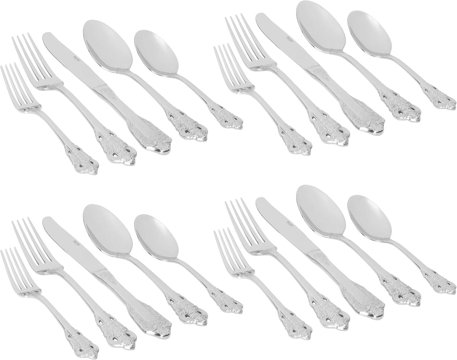 imageMartha Stewart Watercliffe 16 pc Flatware Silverware Set  Stainless Steel Utensils  Forks Spoons Knives  Service for 4  LinenPerrine Mirror Polish